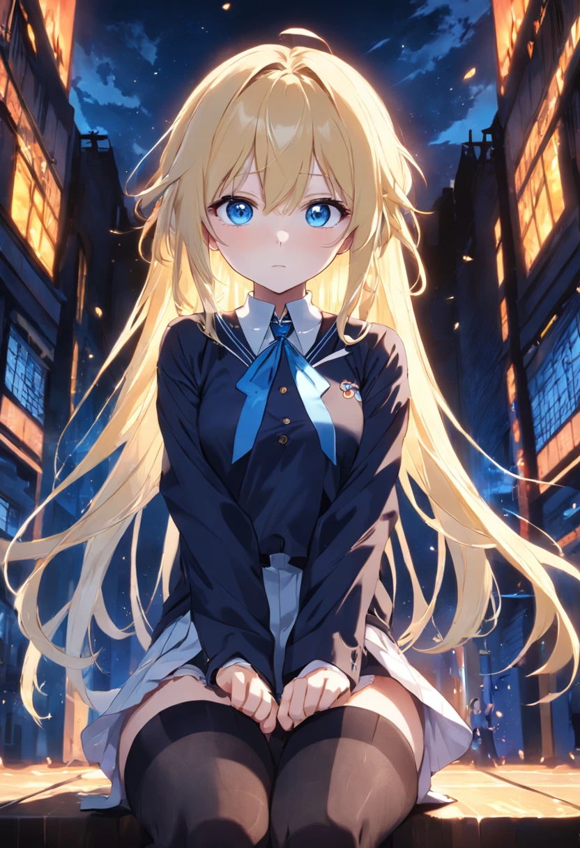 blonde with blue eyes，JK Campus，noble，black lence stockings，Lazy expression