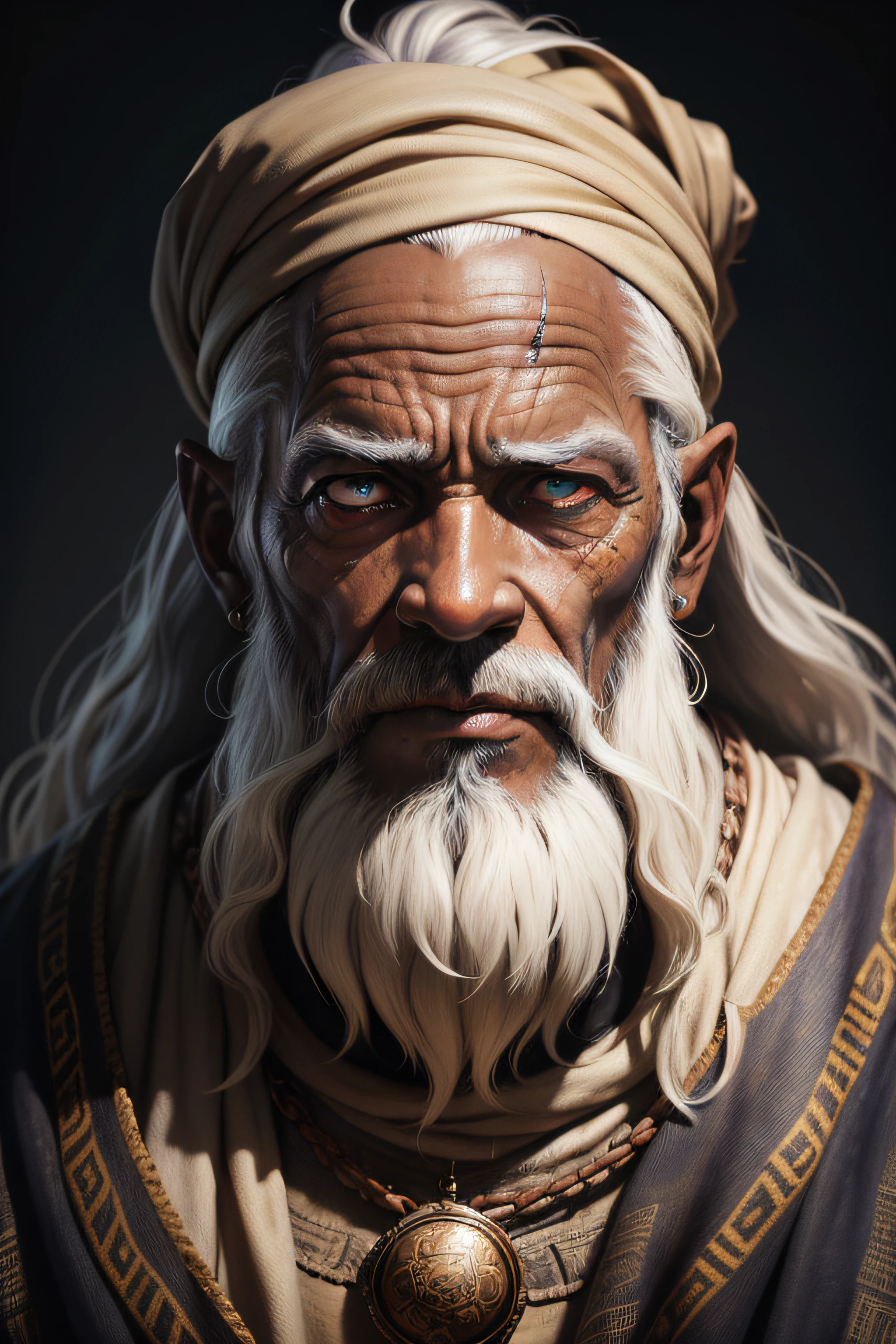A portrait of a wizard, bearded, wrinkled, weathered, with piercing eyes, detailed face, high details, African man , photography, dark studio, rim light, Nikon D850, 50mm, f/1.4