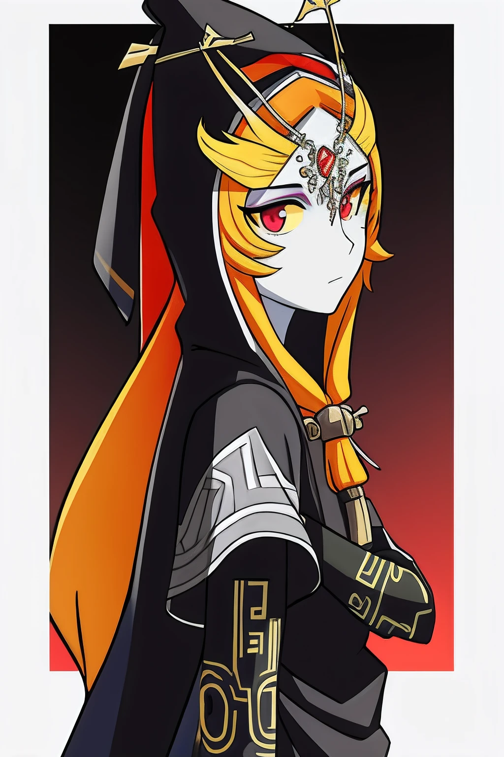 Cuerpo completo,vista entera,poster,midnatrue, long hair, front ponytail, hood, colored sclera, yellow sclera, jewelry,