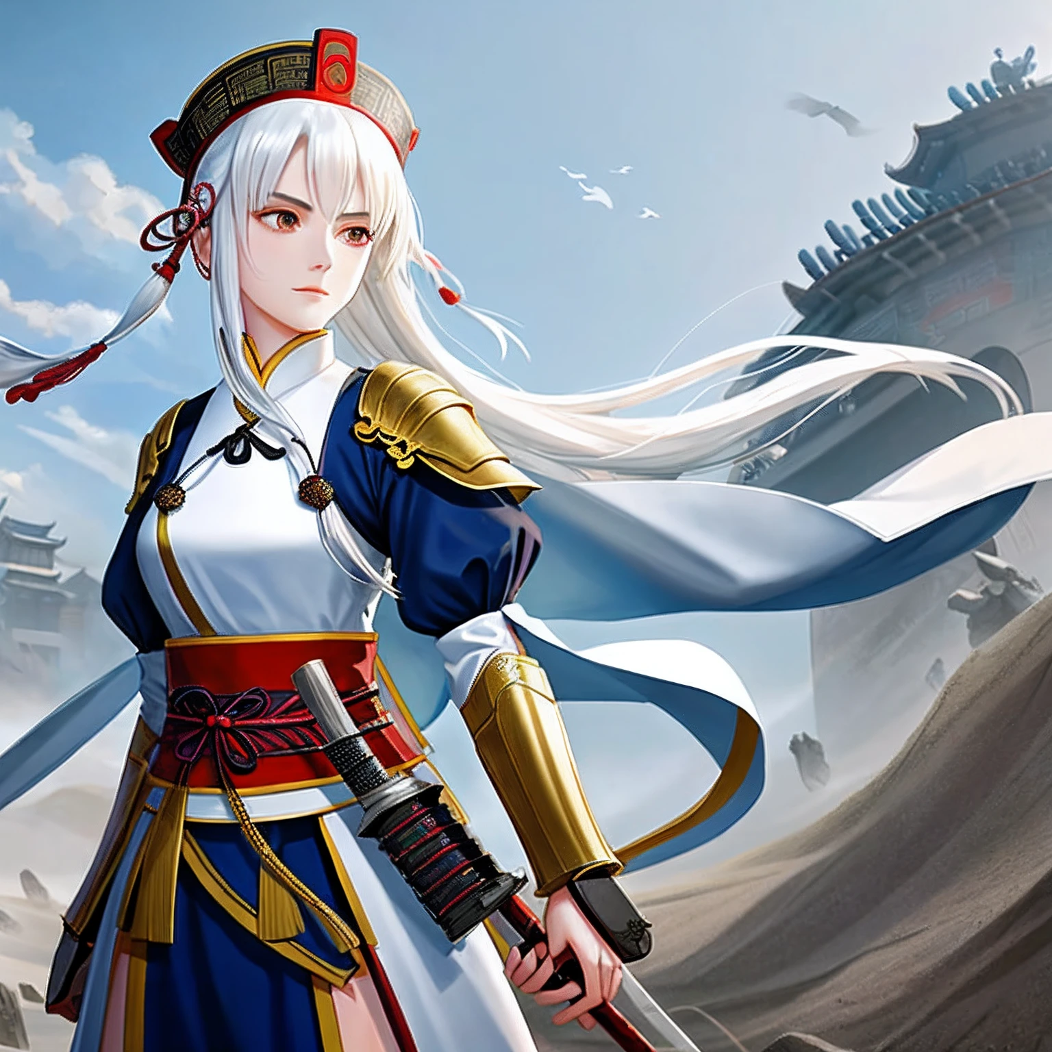Beautiful woman with white hair，Wearing Qin armor，Holding the Qin sword in his hand，Stand in the middle of the battlefield