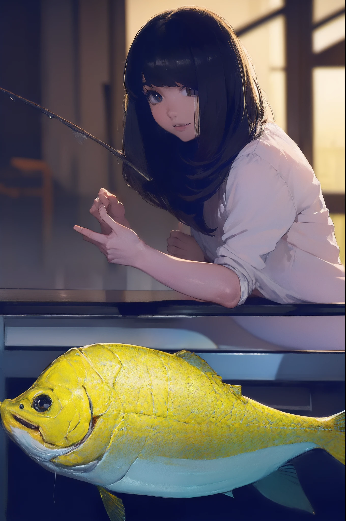 ((((catching a big fish by the lakeside:1.5)))),((Female 28 years old)),((Best Quality:1.5)),(((Hands with the correct number and structure of fingers:1.4))),((Big fish:1.37)),hight resolution,ultra-detailliert,masterpiece,best qualtiy,(Eight-headed body),Black hair, long eyes-lashes, Solid Circle Eyes, drop shadow, Atmospheric perspective,Super Detail, ccurate, small brest,(Black jacket and black jeans :1.1),top-quality, blurry backround, bokeh dof:1.2, (masterpiece:1.3), Atmospheric perspective,Super Detail,dynamic compositions,