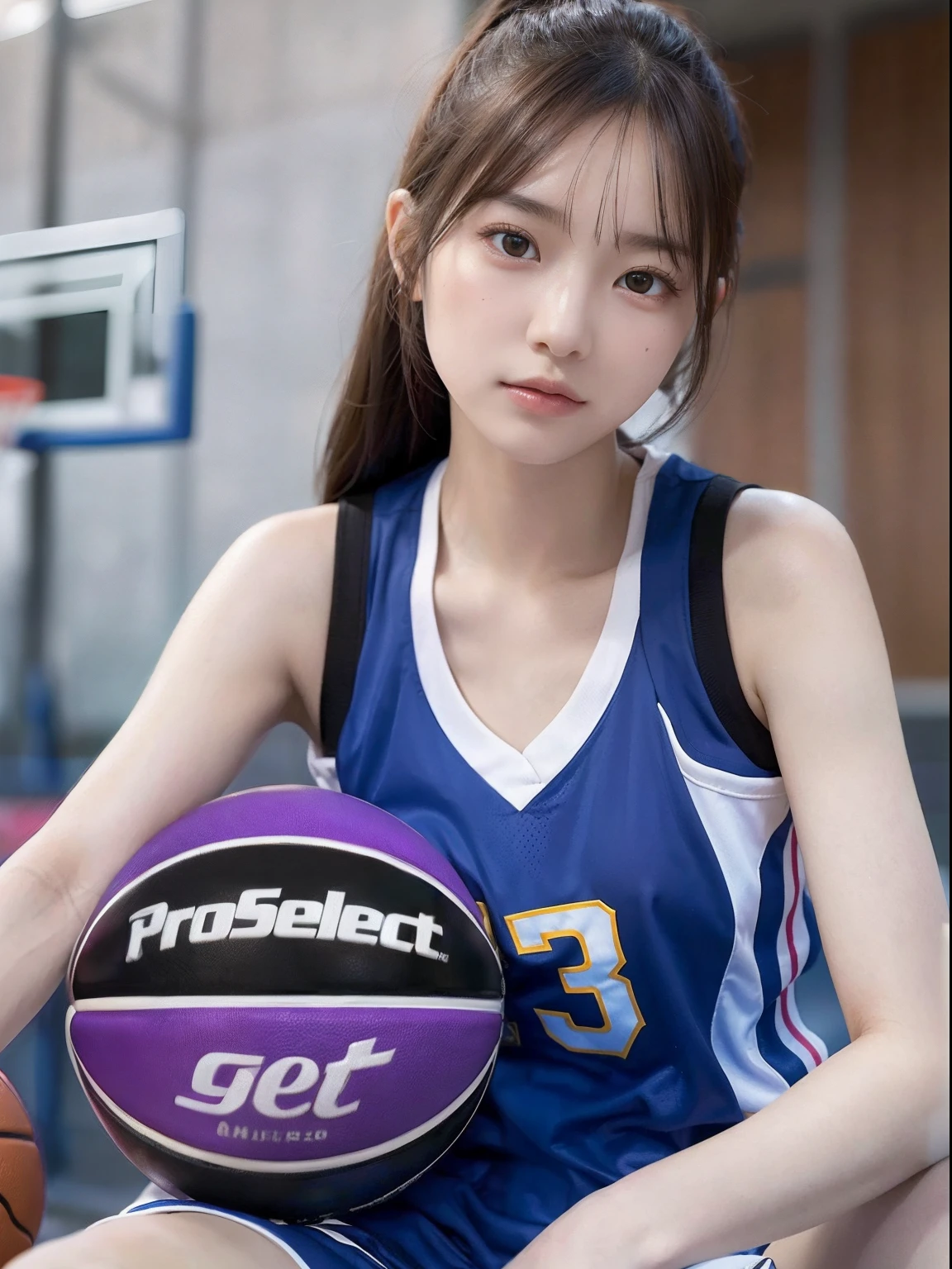 (Surreal)、(A high resolution)、(8K)、 (The is very detailed)、(Ultra clear skin pores)、(top-quality、tmasterpiece:1.3)、Beautiful girl in basketball uniform、at  basketball court，Playing the Basketball，1womanl、Midsummer、（jiayi：1.5）， closeup cleavage， tmasterpiece， best qualtiy， RAW photogr， realisticlying， the face， Incredibly Ridiculous res， depth of fields， A high resolution， ultra - detailed， finedetail， The is very detailed， Extremely detailed eyes and face， Sharp pupils， realistic pupil， tack sharp focus， cinmatic lighting