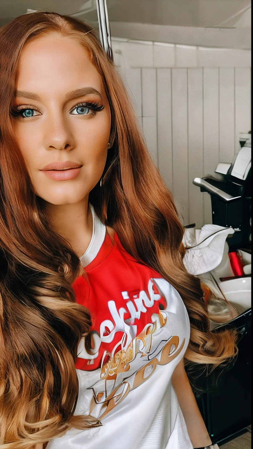 there is a woman with long red hair and a white shirt, long hair and red shirt, looking hot, wearing professional makeup, looking cute, looking to the side, brooke ashling, looking off to the side, wearing red tank top, cooking it up, dressed in a white t shirt, looking towards the camera, looking the camera, with professional makeup