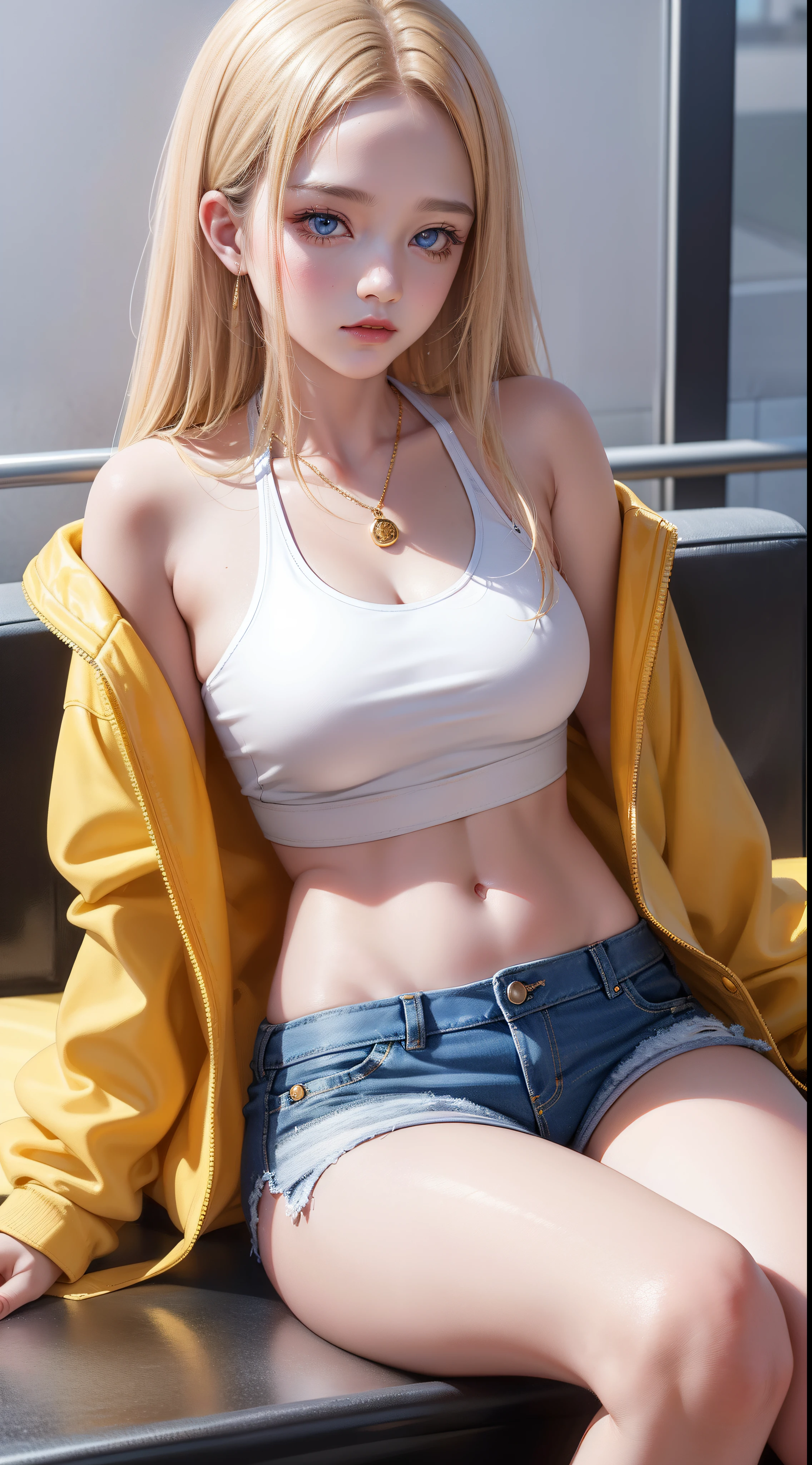 tmasterpiece,Need,s girl,golden hair,Blue pupil,Playful,Anterior convex and posterior,Yellow coat,cropped shoulders,Wrapped denim shorts,athletic sneakers,super Beautiful face,Super nice looking。