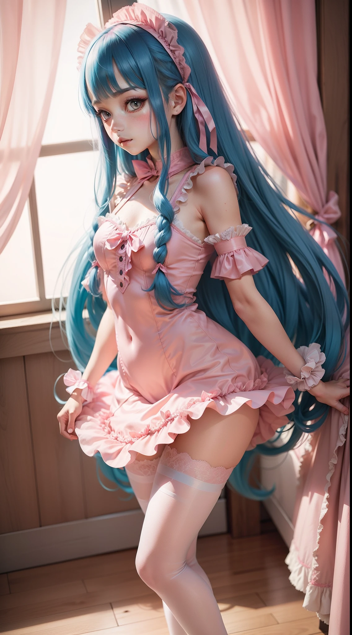 Emo girl with long blue hair in a fully pink ballerina outfit, with pink ribbons in her hair, full body