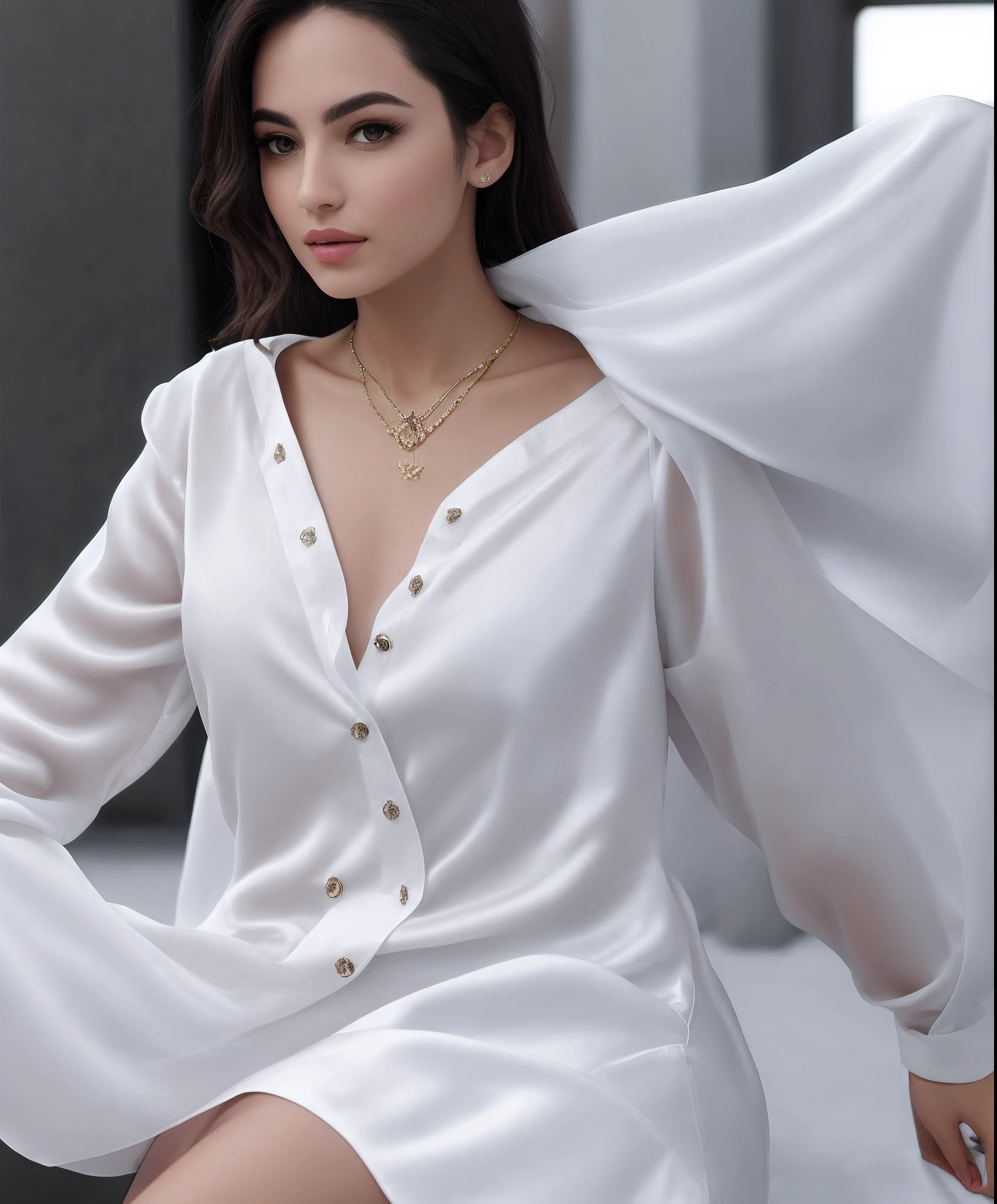 The superb beauty in white silk is buttoned up