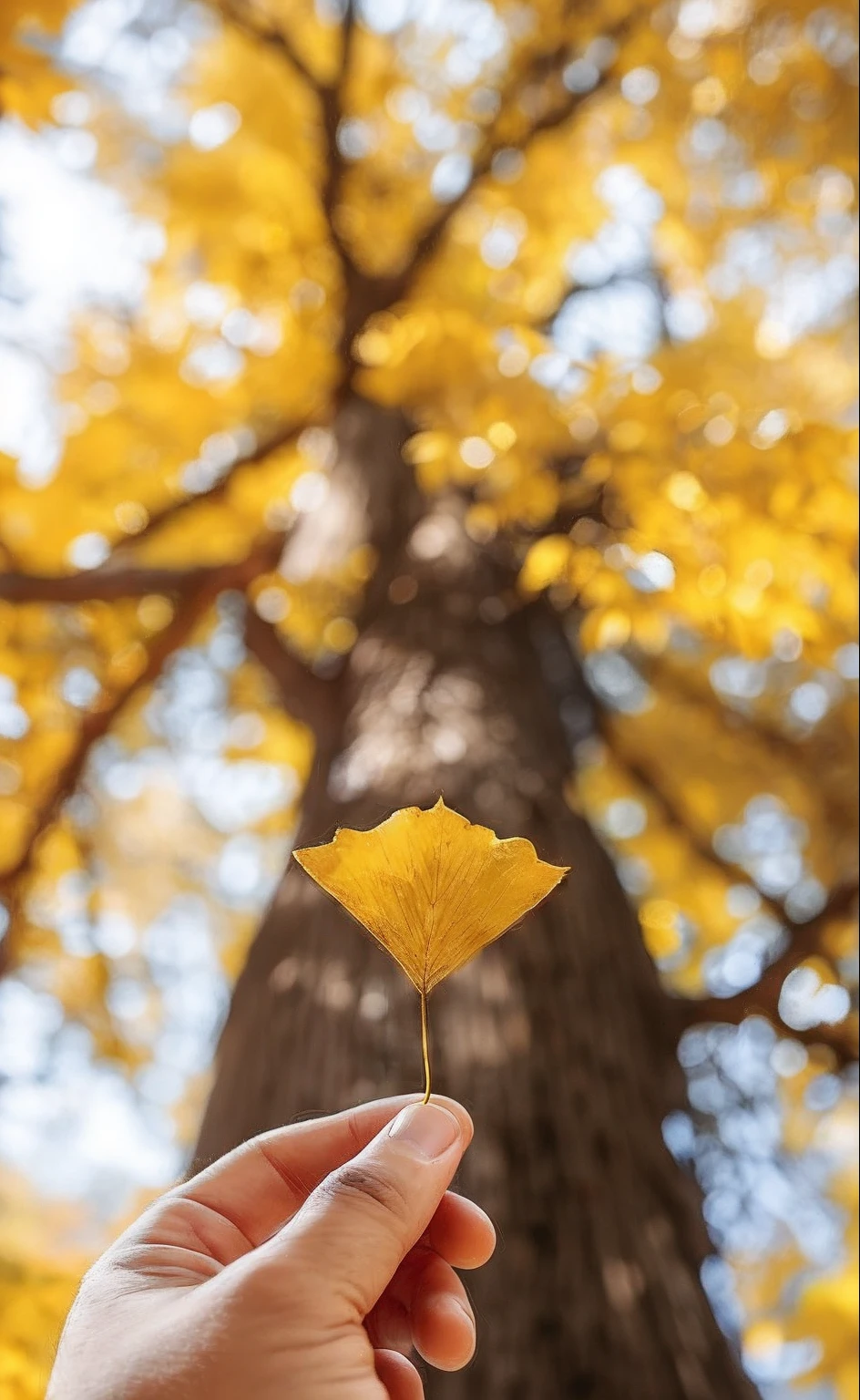 A man holding a leaf in front of a tree, touching tree in a forest, Golden leaves, leaves in the air, leaves in foreground, shades of gold display naturally, low angle photography, touch of gold leaf, autum, golden sacred tree, Gold leaves, touch of gold leaf, ginko showing a new mushi, author：Nico Henrikan