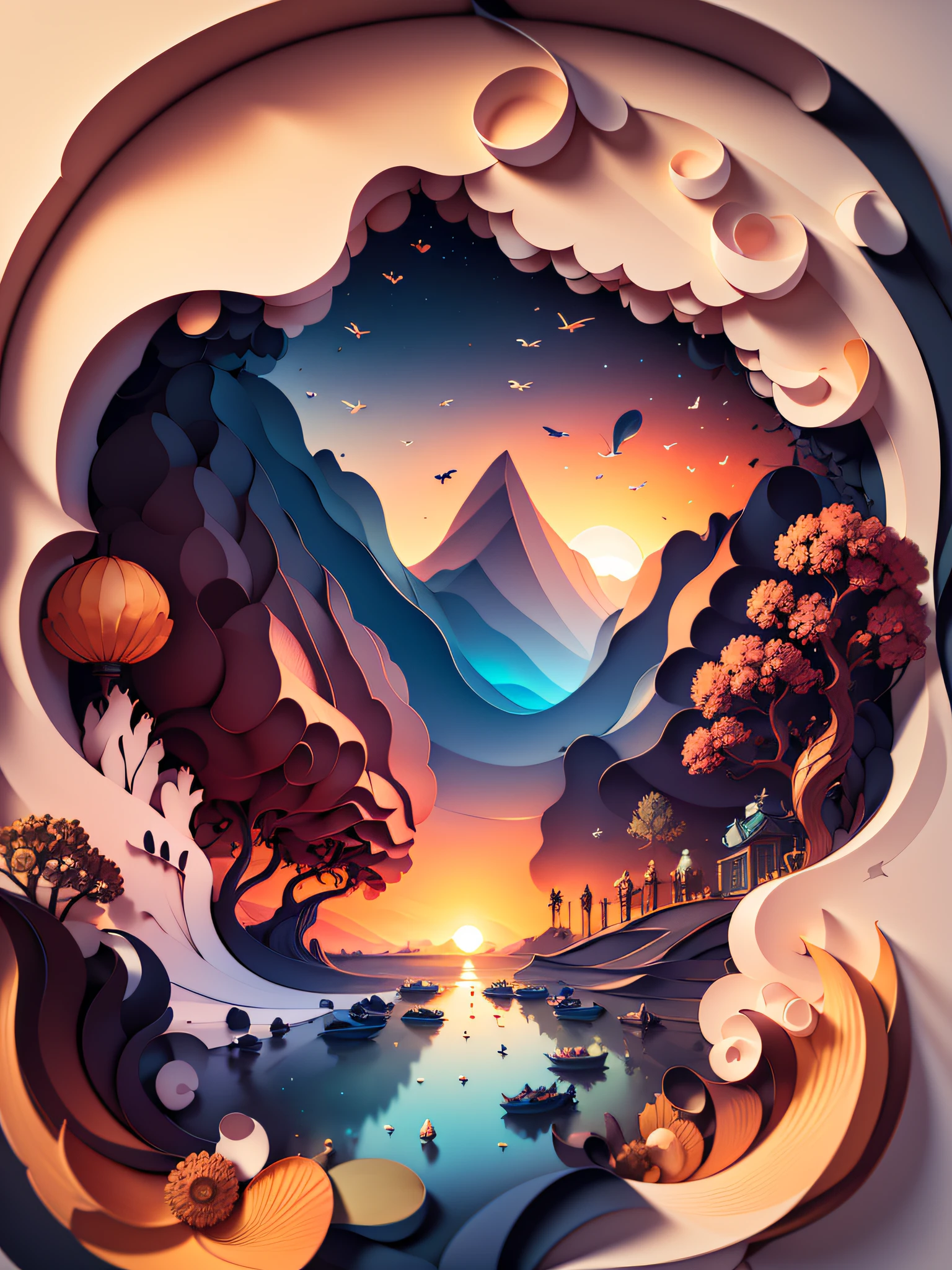 (((masterpiece))),best quality, illustration, sunset, Water color painting, light background, best quality exquisite details,3d rendering,Octane render, pastel, paper_cut.