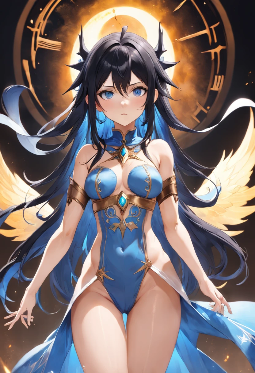 The whole body is beautiful and gorgeous Final Fantasy style, Astral Deva, Full body photo at three o'clock, Goddess, Shiny skin, Long straight hair, Black Hair Color, Sepia skin tone, Blue eye color, Female, Clean and very detailed face and hands, 36D chest with protruding points,pointy ears,analogous colors, Glowing shadow, beautiful gradation, Depth of field, Clean image, High quality, High detail, High definition, Luminous Studio graphics engine