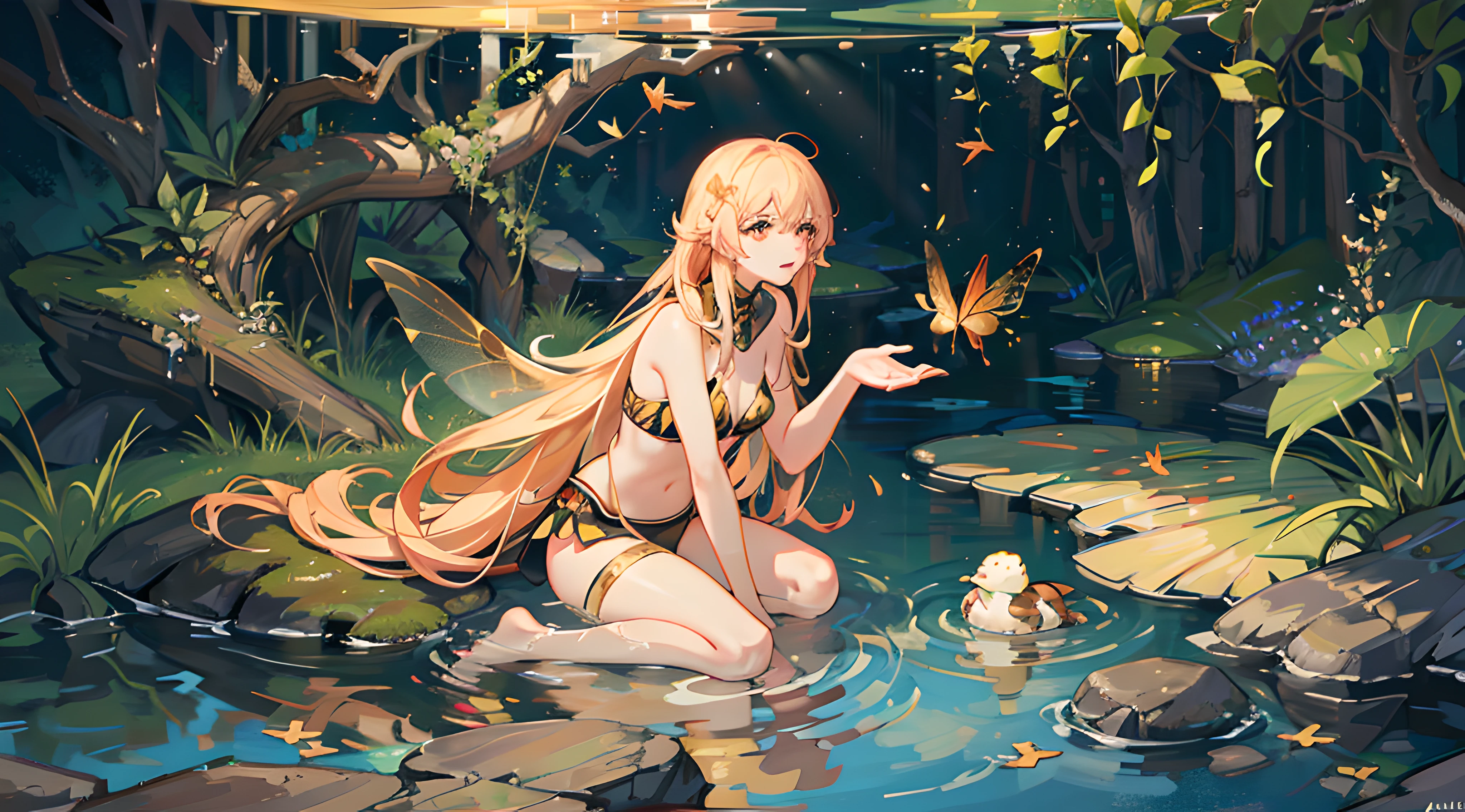 realistic, masterpiece, high detail, golden ratio, half submerged views, ahlf water, half out of water, Gold Ogon Koi submerged in a clear pond with a rocky ground and moss on surrounding stones, tiny waves, leaves on the watersurface, autumn setting, autumn leaves, marple trees, clear sky, sunrays, sunbeams, insects flying around such as dragonflies, fireflies and butterflies, magical and calm atmosphere, warm lighting --auto