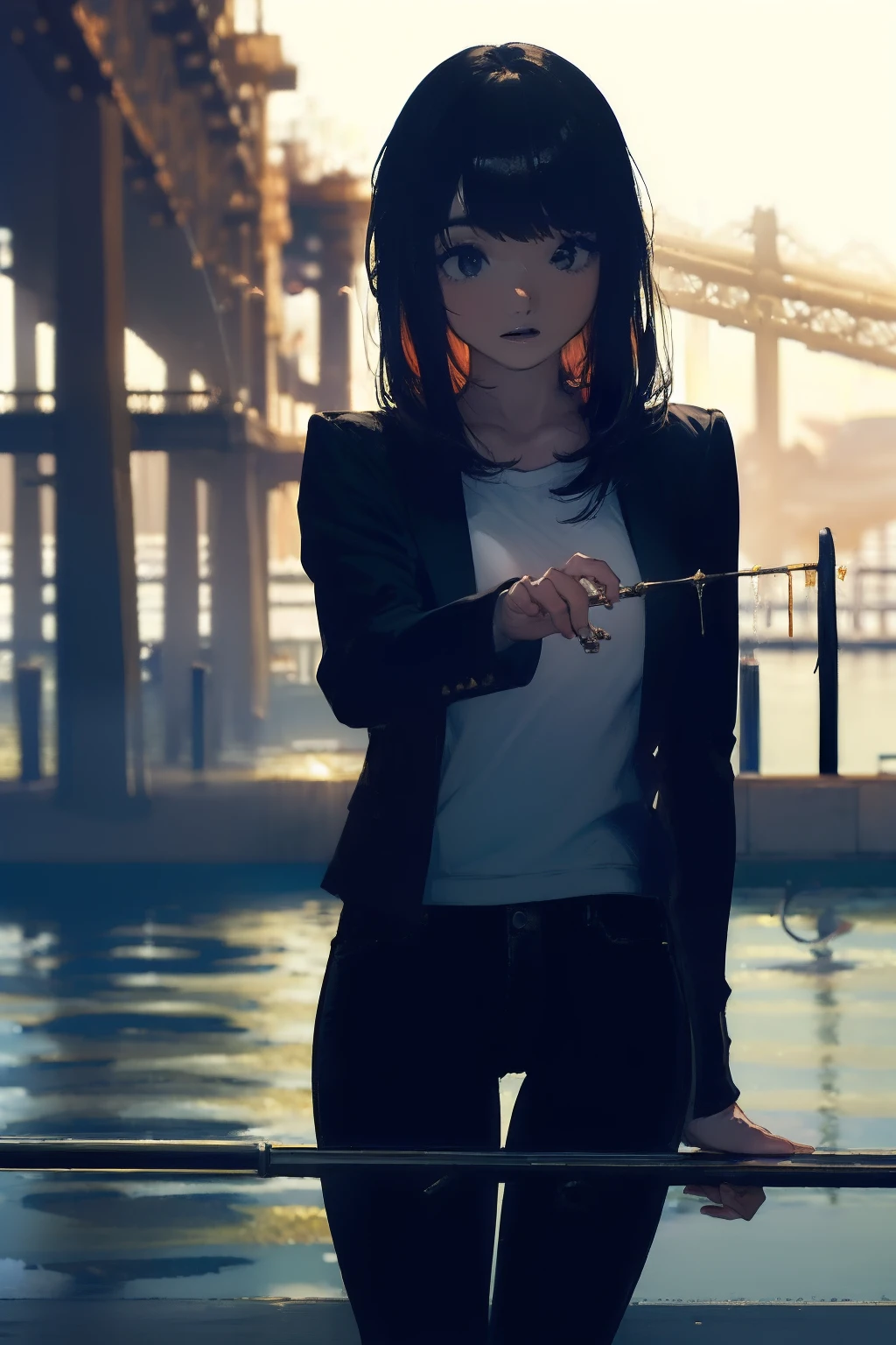 ((((catching a big fish by the lakeside:1.5)))),((Female 28 years old)),((Best Quality:1.5)),(((Hands with the correct number and structure of fingers:1.4))),((Big fish:1.37)),hight resolution,ultra-detailliert,masterpiece,best qualtiy,(Eight-headed body),Black hair, long eyes-lashes, Solid Circle Eyes, drop shadow, Atmospheric perspective,Super Detail, ccurate, small brest,(Black jacket and black jeans :1.1),top-quality, blurry backround, bokeh dof:1.2, (masterpiece:1.3), Atmospheric perspective,Super Detail,dynamic compositions,