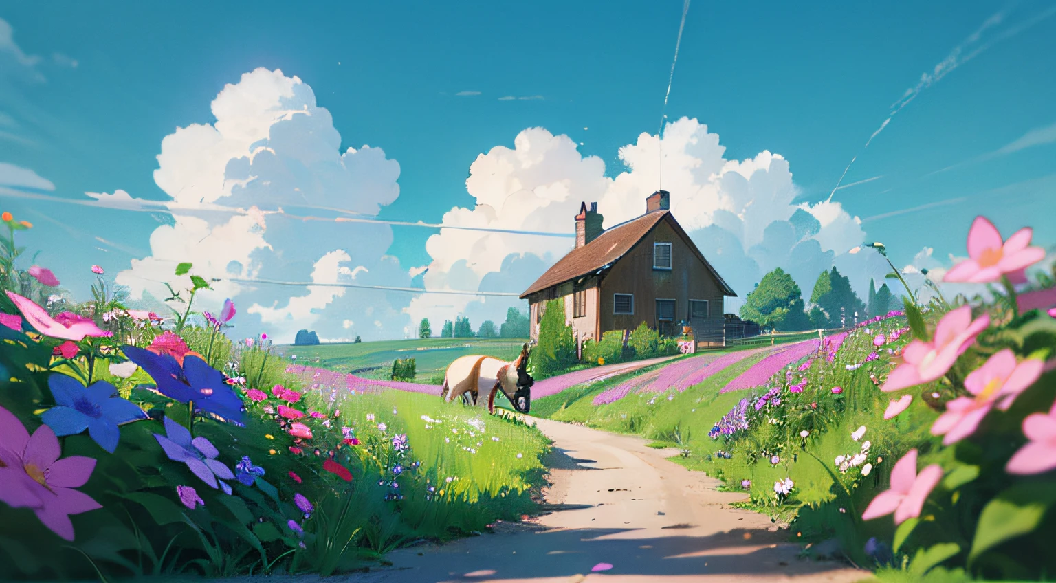 A lot of country cottages, summer, meadows, small flowers, countryside is rushing, there are many kittens on the road, heaven, big clouds, blue sky, hot weather, HD detail, hyper-detail, cinematic, surrealism, soft light, deep field focus bokeh, ray tracing, surrealism. --v6