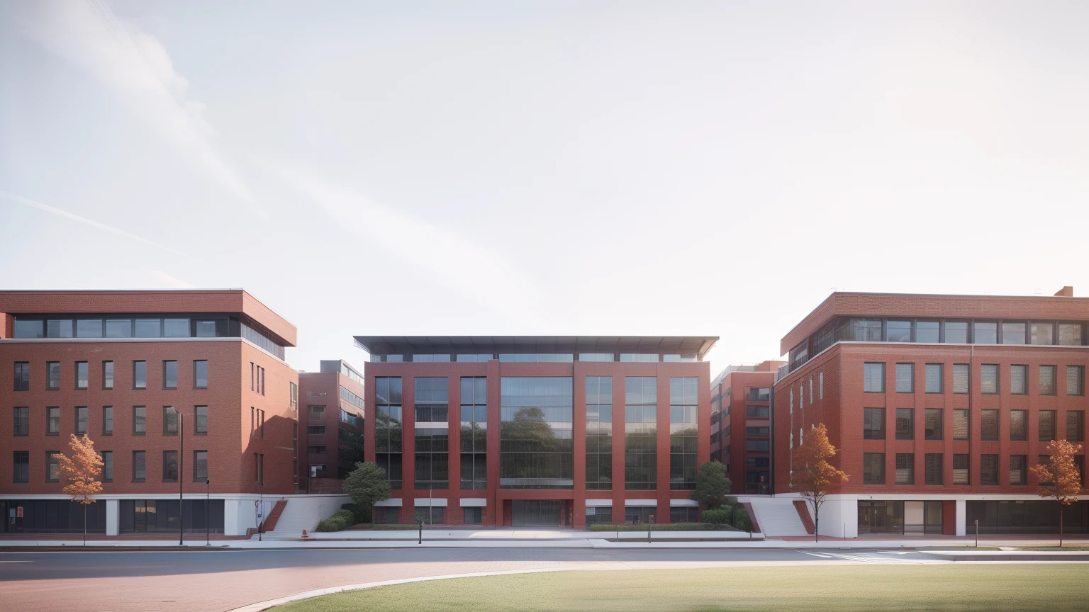 Teaching buildings，The building material is red brick combined with white lacquer，Red brick campus style，Symmetry center axis，Simple atmosphere，Front perspective，The building faces north，Renderings rendering，There was a car in front of the building，archviz，Five-story building，The first floor is overhead，up front view，left right symmetry