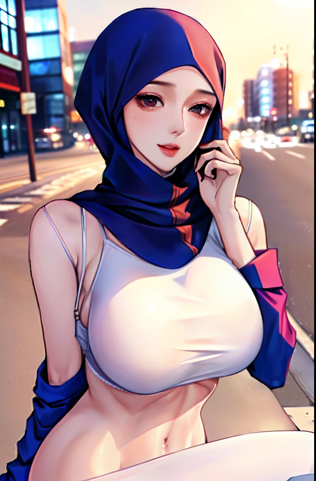 1girl, korean hijab girl age 17,super happy very detailed face,sexy,he tall,super big breast,(P cup),sexy hijab girl pose photos, hijab sexy,tight hijab t-shirt outfit,and tight white mini pants hijab outfit,(( no panties and bra)),full body hot,selfie in city street,sitting showing open shirt pose selfie