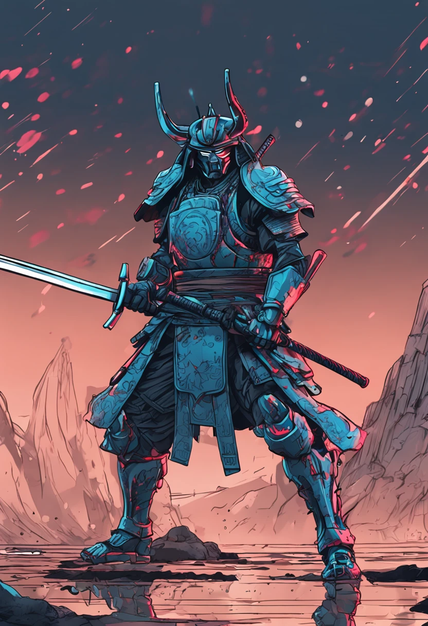 Samurai drawing sword Half-kneeling posture Mecha face on the front Mechanical ascension There is a scene of explosion behind the sword light 4K color is blue