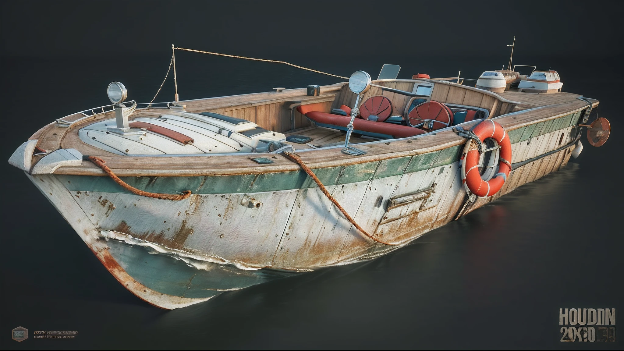 There is a small boat with a life buoy in front, highly detailed hyper real retro, Old CGI 3D rendering Bryce 3D, adventure hyper realistic render, trending on polycount, Realistic 3D rendering of octane numbers, rendered in maya and houdini, Concept ship, 3 d octane render conceptart, small boat, octane renderer”, houdini render