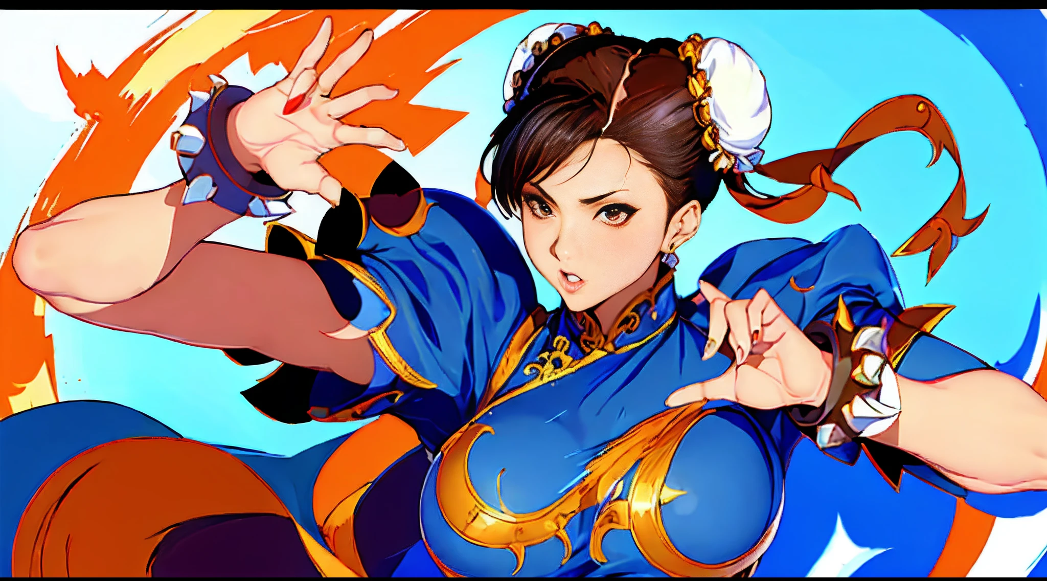 ((Chun-Li,ponytail,blue Leggings:1.3)),upper body, Looking at the audience,Slim and sexy figure, the best quality, (8k), (4K),(masterpiece), (the best quality), Extremely detailed, Game CG, Ultra Detailed, illustration, Beautiful Body,Beautiful nose, Perfect Eye, Perfect Face , 1 girl, 30 years,Fair Finger,Fair body, Fair Nose,Fair character design, perfect Eye, perfect Face,expressive Eye,Perfect balance,(Focus on her Face),(Smile:0.3), official art,Extremely detailed CG Unity 8K wallpaper, rich and colourful, (masterpiece:1.0),(the best_quality:1.0), Ultra-high resolution,4K,Ultra Detailed, photography, 8k, HDR, high resolution, (Fair,Big goals_Chest:1.4), (blue china dress,smile,pretty face,Clear image:1.3),((青い炎のようなオーラを身にまとう,The background is Chinatown:1.3))