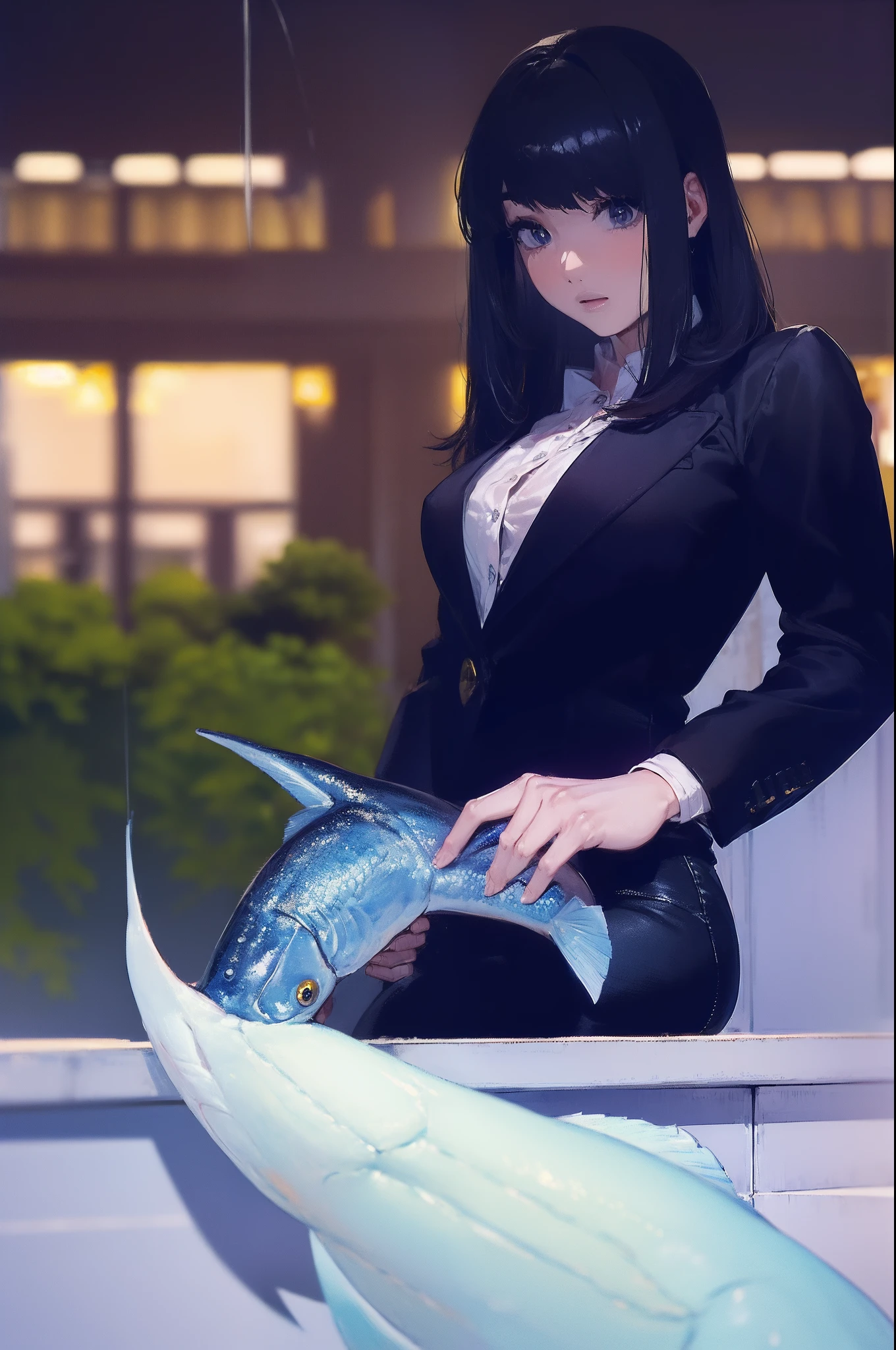 ((((catching a big fish by the lakeside:1.5)))),((Female 28 years old)),((Best Quality:1.5)),(((Hands with the correct number and structure of fingers:1.4))),((Big fish:1.37)),hight resolution,ultra-detailliert,masterpiece,best qualtiy,(Eight-headed body),Black hair, long eyes-lashes, Solid Circle Eyes, drop shadow, Atmospheric perspective,Super Detail, ccurate, small brest,(Black jacket and black jeans :1.1),top-quality, blurry backround, bokeh dof:1.2, (masterpiece:1.3), Atmospheric perspective,Super Detail,dynamic compositions,