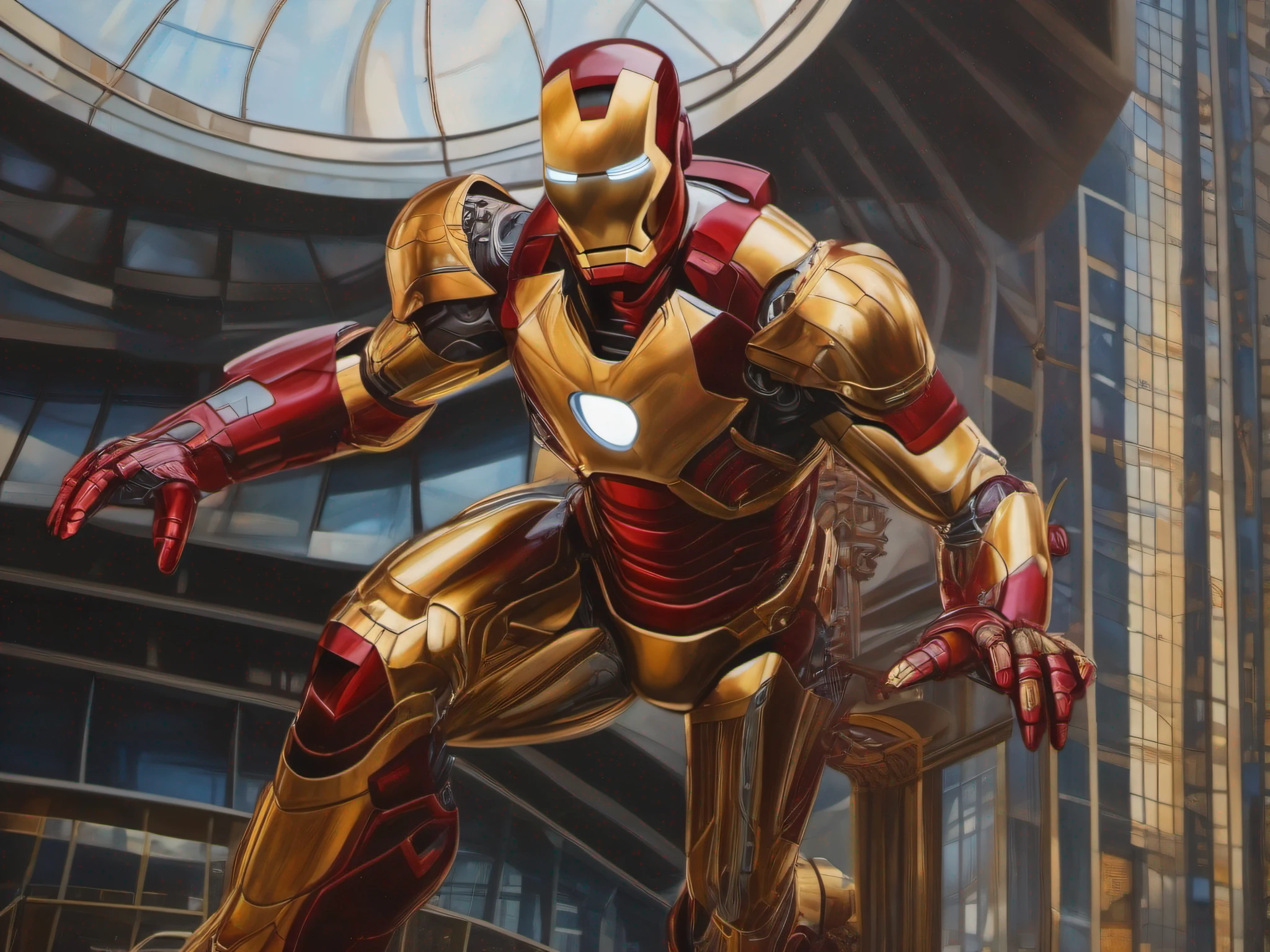 Iron Man, junk, intricate complexity, Photorealistic, Hyper-realism, neonlight, skyscrapper,intricately details, oil on the canvas, Golden ratio, Perfectcomposition,