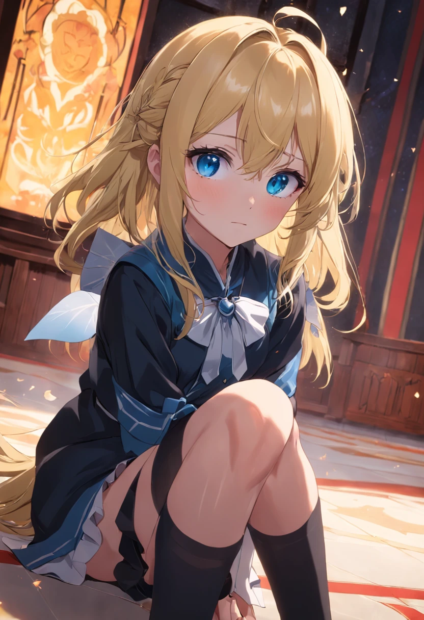 blonde with blue eyes，JK Campus，Noble，black lence stockings，Condescending expression