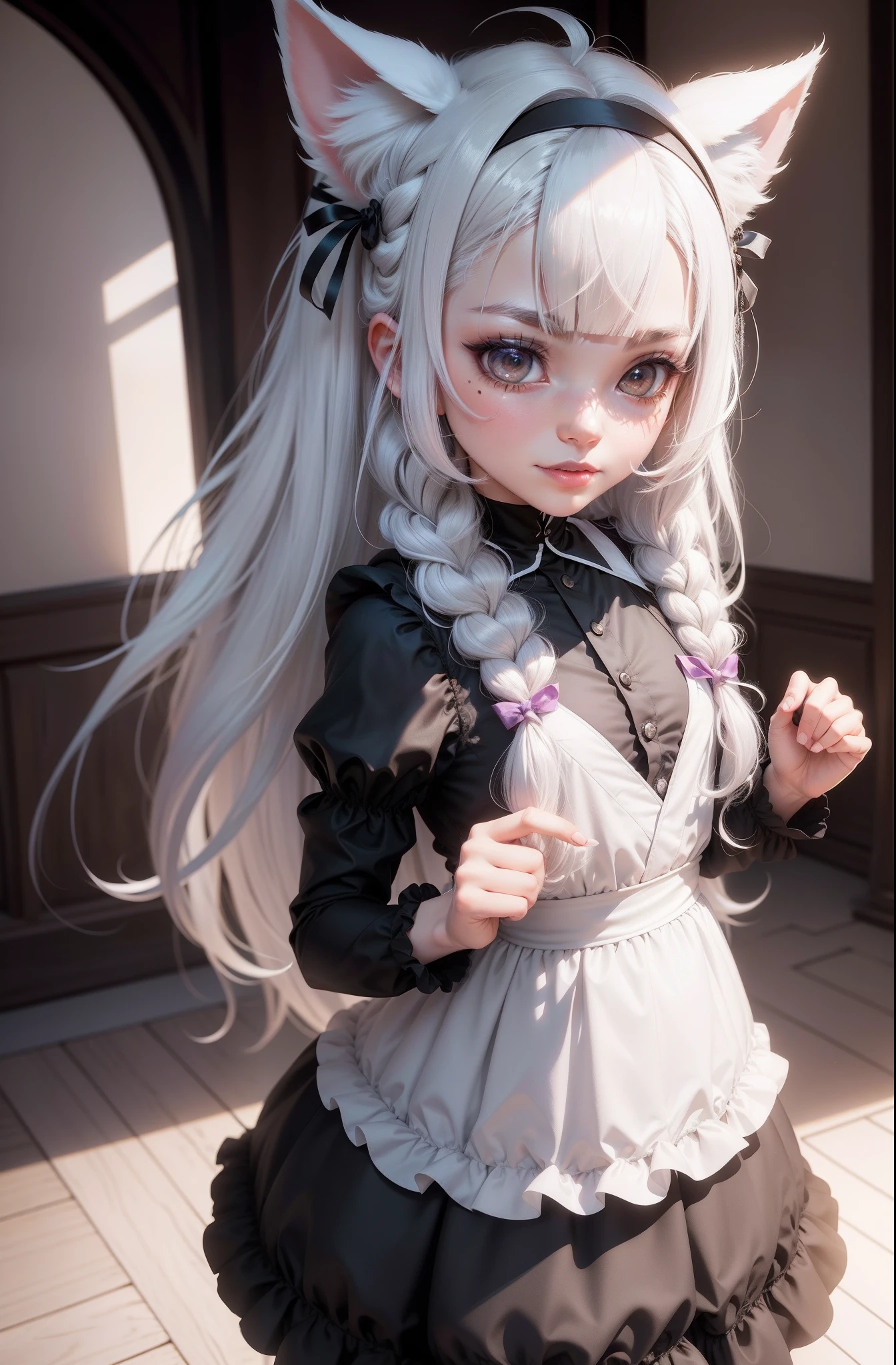 Black hair, hair bobbles, wince, long eyelasher, solid circle eyes, Fake animal ears, Light smile, Ear blush, Fang, White hair, Silver hair, Striped hair, Colored inner hair, Gradient hair, ahoge, Braid, Blunt bangs, french braid, Long hair, hair over shoulders, hime-cut, heart ahoge, Hood, shairband, maid headdress, ribbon, white hair ribbon, Moles under eyes, Heart-shaped pupils, Colored Contact Lenses, Fox ears, Cat ears, Animal ears, Fake animal ears, Shy, Blush, Tongue stock, verbal invitation, surrealism, shadowing, anaglyph, stereograms, tachi-e, angle of view, Atmospheric perspective, Verism, Interior architecture, Chiaroscuro, Cinematic lighting, color difference, shadowing, chromatic aberration abuse, back lit lighting, stereograms, tachi-e, Bokeh, 8K, Super detail, ccurate, Best quality, Textured skin, Anatomically correct, hyper HD, Masterpiece, ccurate, High details, A high resolution, 1080p,lewd nun,underdressing,Beth,Normal body shape