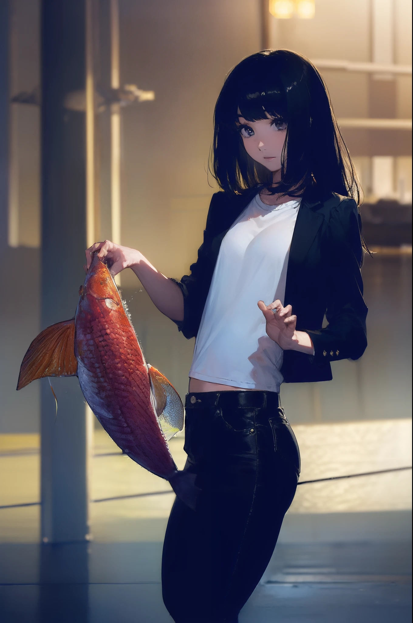 ((((catching a big fish by the lakeside:1.5)))),((Female 28 years old)),((Best Quality:1.5)),(((Hands with the correct number and structure of fingers:1.4))),((Big fish:1.37)),hight resolution,ultra-detailliert,masterpiece,best qualtiy,(Eight-headed body),Black hair, long eyes-lashes, Solid Circle Eyes, drop shadow, Atmospheric perspective,Super Detail, ccurate, small brest,(Black jacket and black jeans :1.1),top-quality, blurry backround, bokeh dof:1.2, (masterpiece:1.3), Atmospheric perspective,Super Detail,dynamic compositions,