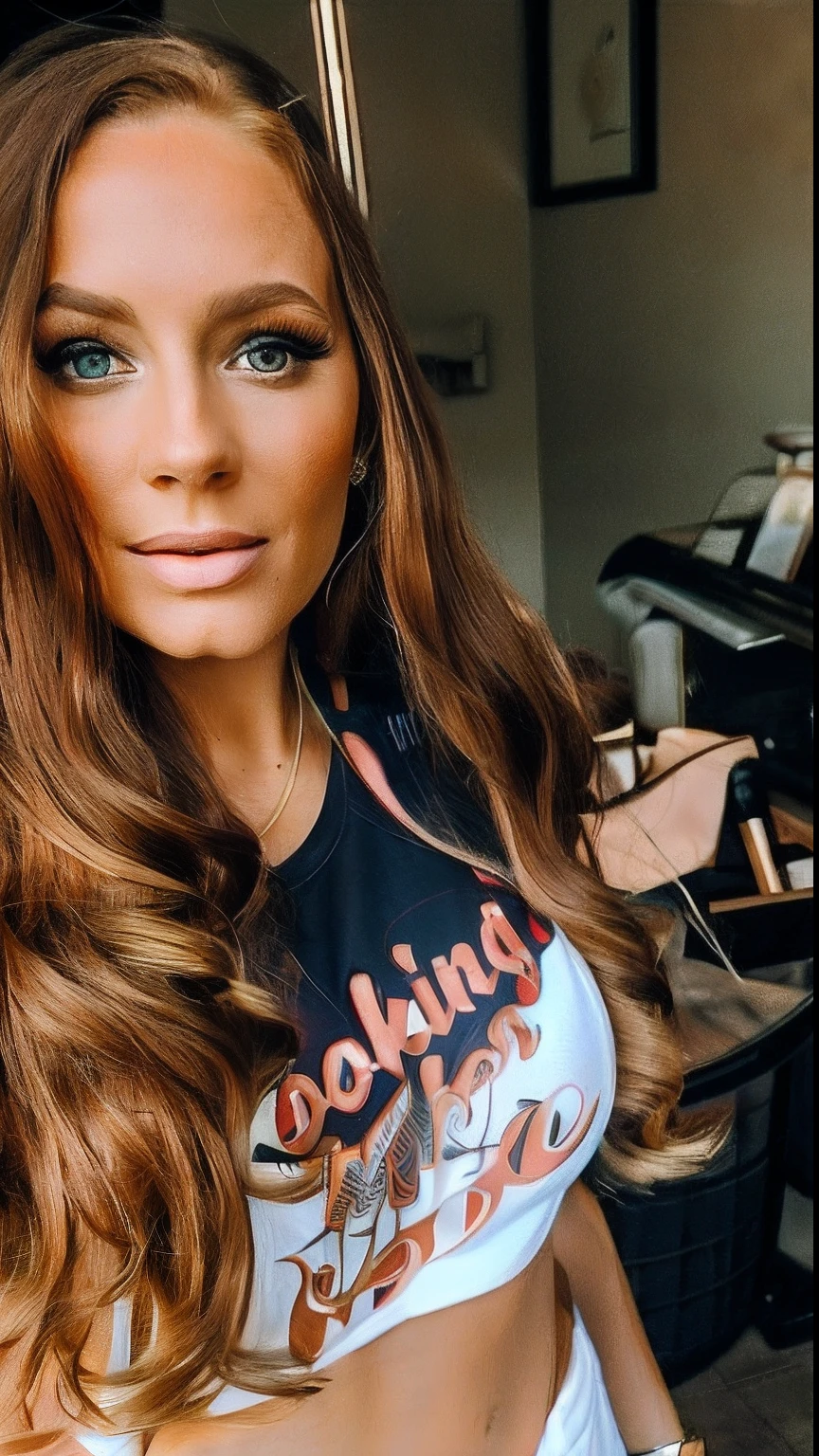 there is a woman with long red hair and no shirt, long hair , looking hot, large exposed breasts, wearing professional makeup, looking cute, looking to the side, brooke ashling, looking off to the side, wearing red tank top, cooking it up, dressed in a white t shirt, looking towards the camera, looking the camera, with professional makeup