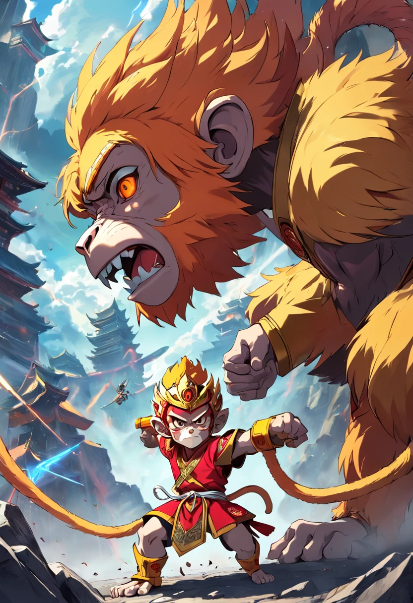 Blacksmith Dou defeats Buddha Sun Wukong,Ultra-clear detailed、Realistic、2D/3D、4k/8k、Digitally sculpted、A piece of software(Blender,Zbrush,Octane Render,Unreal Engine)、A certain game(《Devil May Cry》、《A wolf:Shadow passed twice》)、An artist(Sachin Teng、Jake Parker)、An art platform trending on artstation