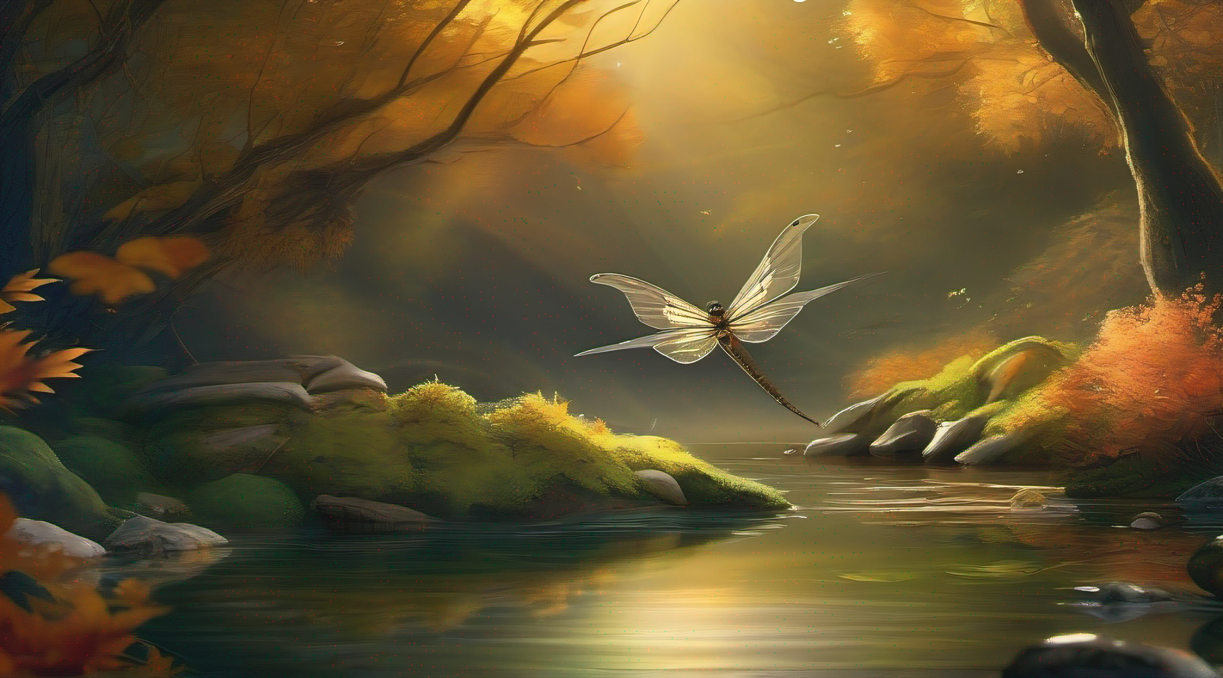 realistic, masterpiece, high detail, golden ratio, half submerged views, ahlf water, half out of water, Gold Ogon Koi submerged in a clear pond with a rocky ground and moss on surrounding stones, tiny waves, leaves on the watersurface, autumn setting, autumn leaves, marple trees, clear sky, sunrays, sunbeams, insects flying around such as dragonflies, fireflies and butterflies, magical and calm atmosphere, warm lighting, inspired by R. S. Connett