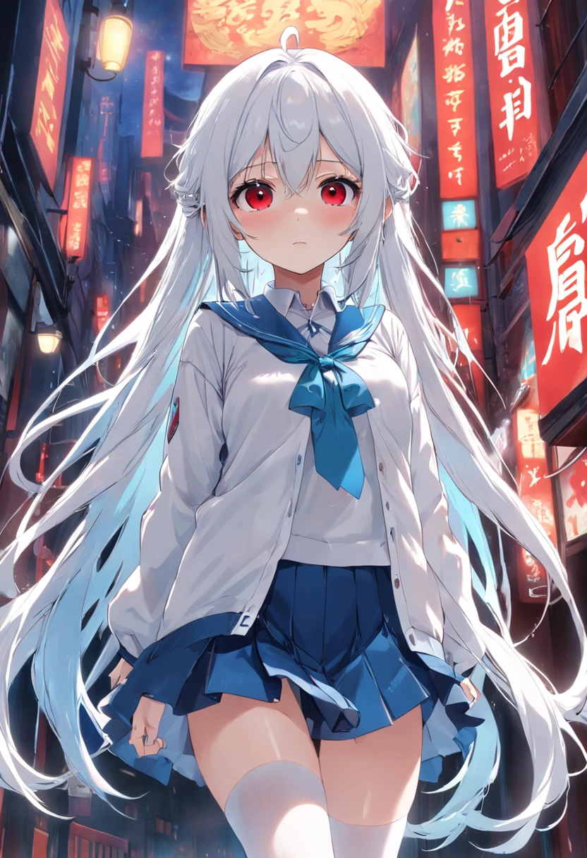 red pupils，Lazy expression，Long white hair and white stockings，Cyan and blue clothes，JK Campus，ssmile