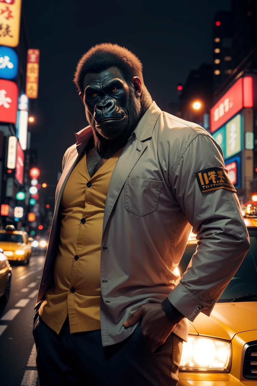 Gorilla Taxi Driver、Serious personality、Location is Tokyo、tokyo at night