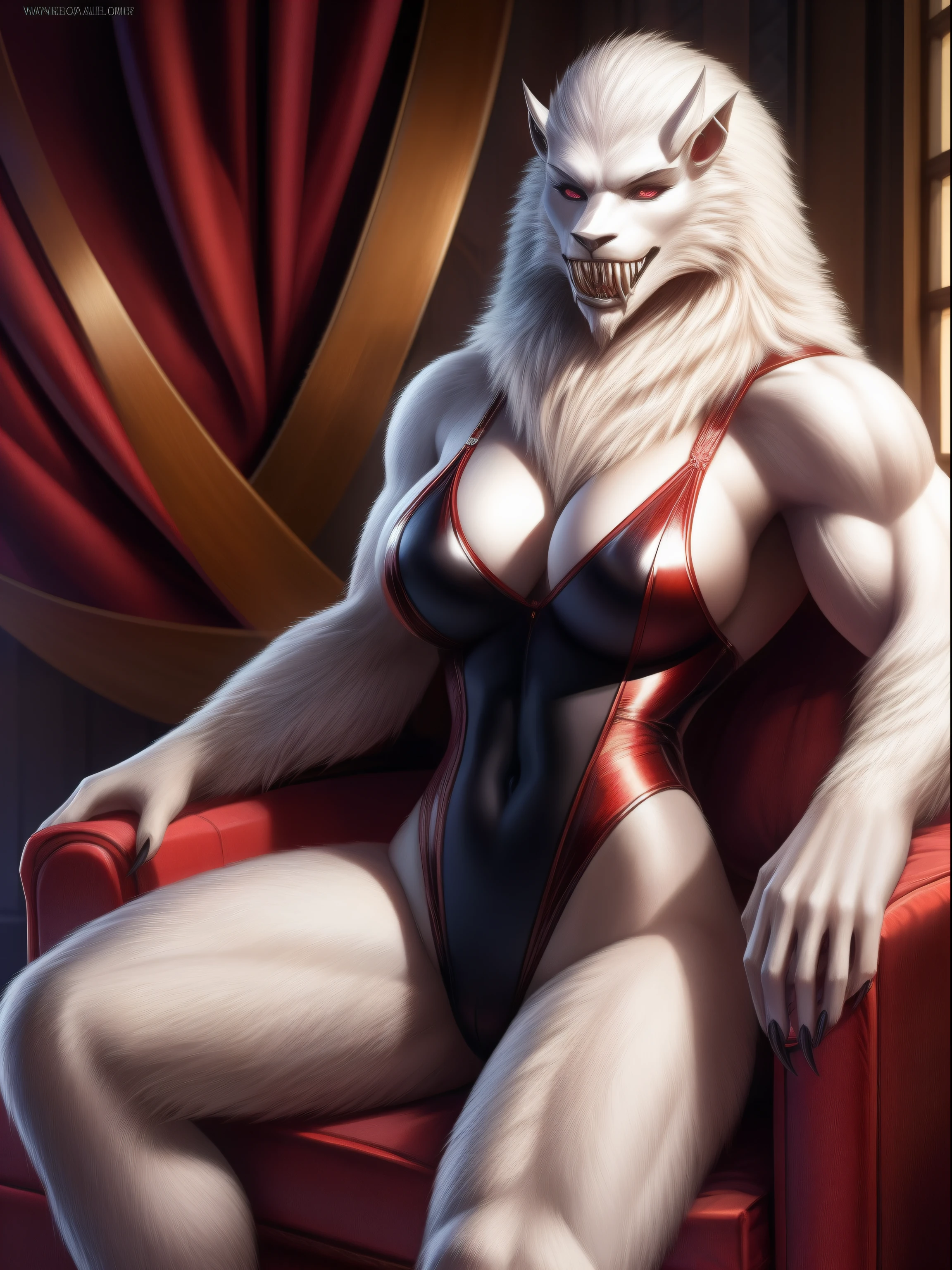 "realistic representation of a woman transformed into a stunning yeti, wearing a sleek and alluring high cut black bodysuit. She has a large bust, muscular and fit physique with an hourglass body shape. Her menacing yet captivating features include sharp claws, long arms, and a set of sharp teeth. Covered in a beautiful white fur, she is a monstrous yet alluring creature, who is also known as a loving wife and is seen in the comfort of her own home."