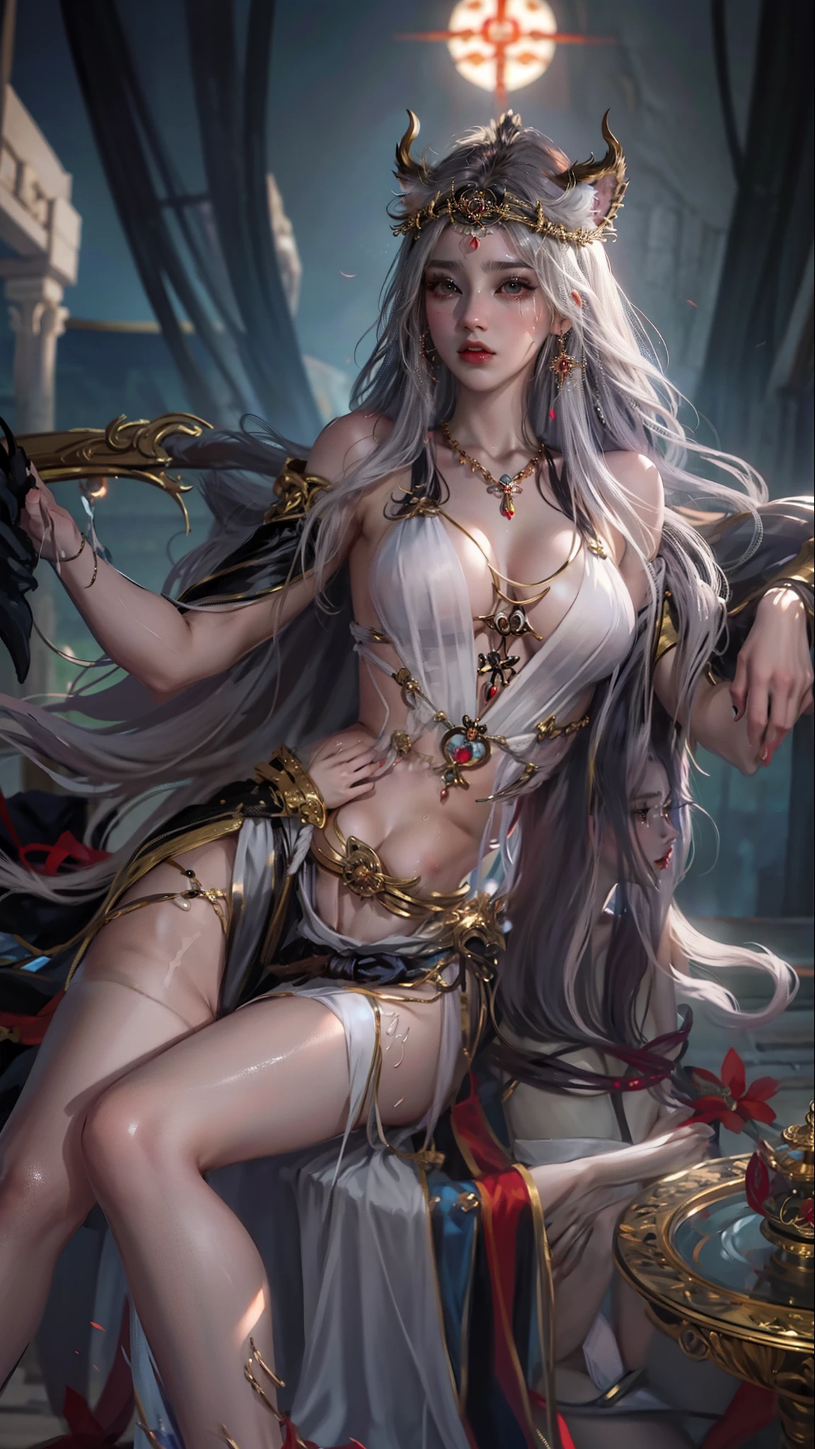 NSFW, Realistic super nasty fox woman, Big, A priestess sitting on the door of the shrine's torii, Fluffy priestess uniform, full bodyesbian, Angular eyes, Hair between the eyes, hair messy, Gentle and attractive, Bare shoulders, delicate sexy collarbone, full - length photo, charming oval face, Double eyelids, Small nose, Noble, hyper HD, Super detail, Elegant posture, glistning skin, Wear sweat, emphasizing thighs and crotch, camel-toe