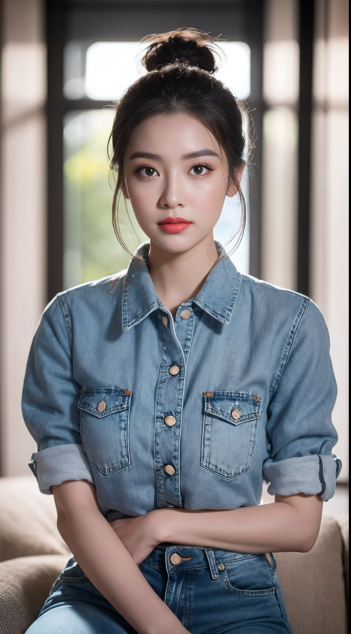(RAW photogr:1.2),The highest quality, 超高分辨率, Female anchor,sitting in the couch,Wearing a white shirt,Team it with a pair of blue jeans。Makeup looks fresh and natural,Mainly light makeup,The eyes and lips of the female anchor are emphasized。The face shape is melon seed-shaped,The eyes are bright and alert,The eyebrows are slender and curved,Ruby and plump lips。Hair tied into a ponytail,It shows a vibrant image。,indoor background