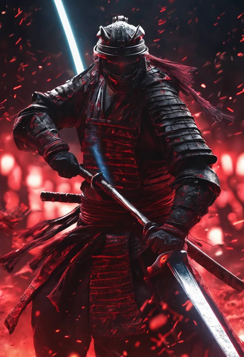 Samurai in the sword drawing posture Mechanical ascension in front Red glowing eyes Explosion scene behind Sword light overflowing 4K, high resolution, blender render, illusory engine