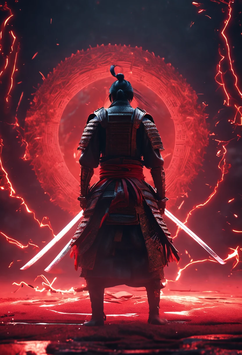 Samurai in the sword drawing posture Mechanical ascension in front Red glowing eyes Explosion scene behind Sword light overflowing 4K, high resolution, blender render, illusory engine