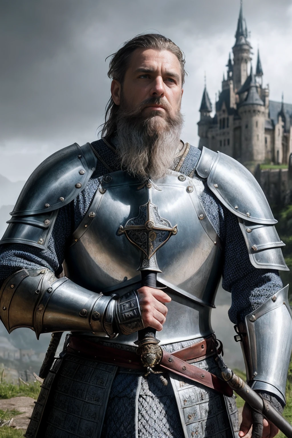 photorealistic, top quality, masterpiece, cinematic composition, slow motion, (medium shot of a medieval knight, sombre and weathered face, beard, grey hair:1.2), chain mail and plate armour, (realistic and detailed|intricate armour:1.1), (visible face:1.3), (photorealistic physiognomy|eyes|iris|skin|musculature, detailed skin, skin texture, natural skin), (holding a sword in his hand:1. 2), frontal perspective, imposing and determined pose, looking forward with determination, skin imperfections, natural skin wrinkles, natural skin spots, highly detailed clothes, abundant details, intricate details, realistic wrinkles in clothing, medieval fantasy landscape, cloudy sky, castle in the background in the distance, radiant lighting, deep shadows, dramatic scene, dark and cool colour palette, blue and grey tones, No other characters in the scene, abundant detail|intricate, detailed landscape, volumetric lighting, (detailed lighting), (detailed light reflections on armour:1. 1), 8k, highly detailed, UHD, HDR, photorealistic facial expression|hairstyle