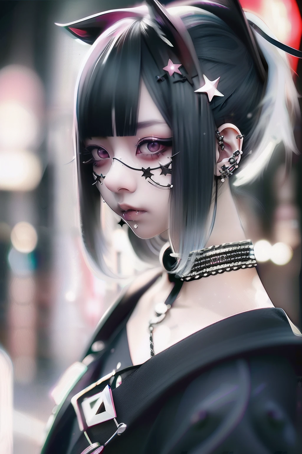 A dark-haired、A black、(((A dark-haired))),eye glass、Lunette de soleil、piercings、Forehead、Blunt bangs、Eyebrows are visible、The bikini、goth_punk, 1girl in, 独奏, medium shot, Walking in Harajuku, ((during night)), bokeh dof, Neon light, Iridescent eyes, starrysky, White shiny hair, White eyebrows, Radiant hair, (iridescent white hair), 耳Nipple Ring, bangss, jewely, masks, bluntbangs, verd s eyes, Mouth mask, blurry backround, bblurry, hair adornments, Look at viewers, shorth hair, portraitures, side locks