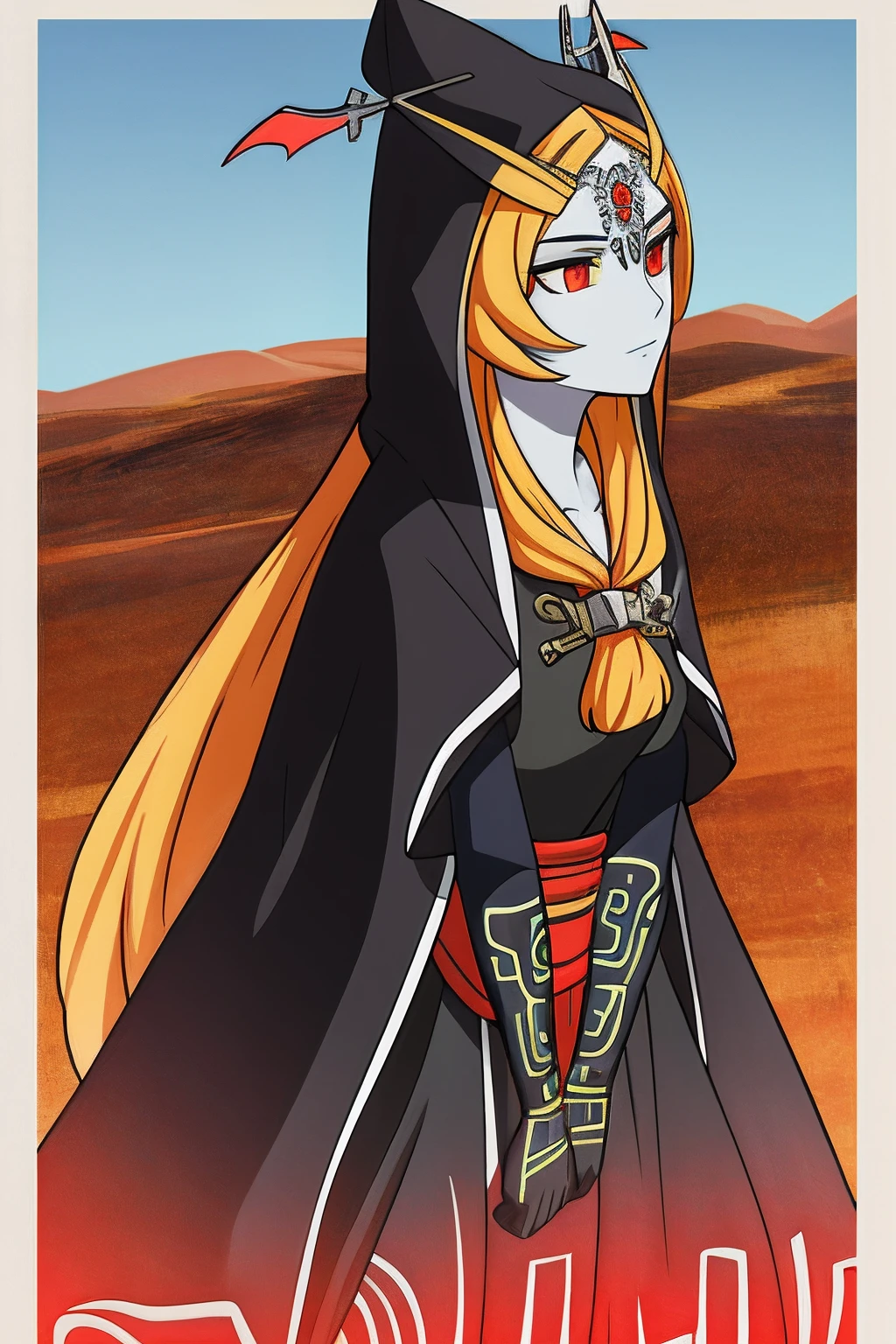 Cuerpo completo,vista entera,poster,midnatrue, long hair, front ponytail, hood, colored sclera, yellow sclera, jewelry,