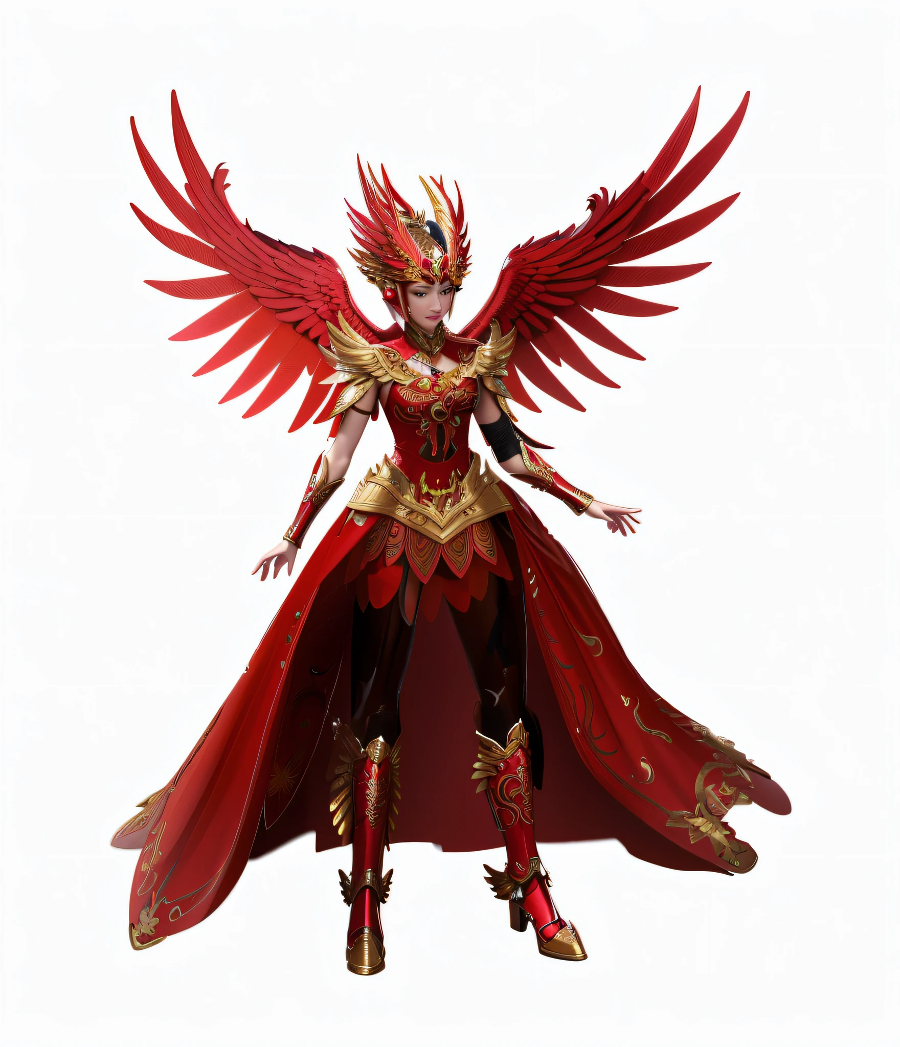 Alatei wears a red and gold winged outfit, flying scarlet phoenix, phoenix warrior, 3 D rendering character art 8 K, female lord of change, 3 d goddess minerva, She has the head of a phoenix, full-body xianxia, stuning fantasy 3 d render, mystical atlantean valkyrie, a beautiful fantasy empress