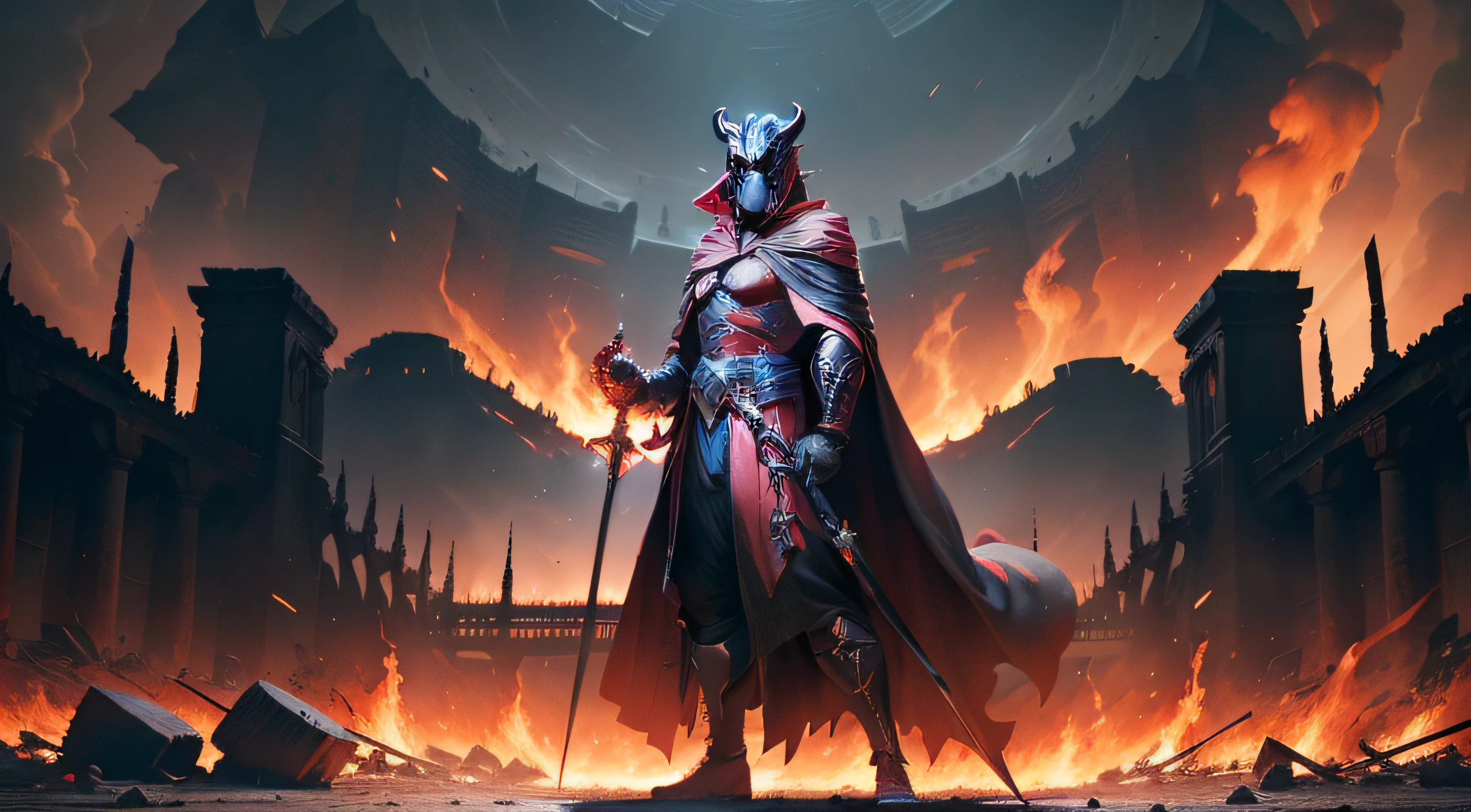 "(Villain clad in a resplendent red and black robe, brandishing an infernal sword and a menacing hell mace, standing resolutely amidst the desolation of an ancient city ravaged by roaring flames and utter devastation, exuding an air of malevolence and power, captured in high-quality fidelity)."