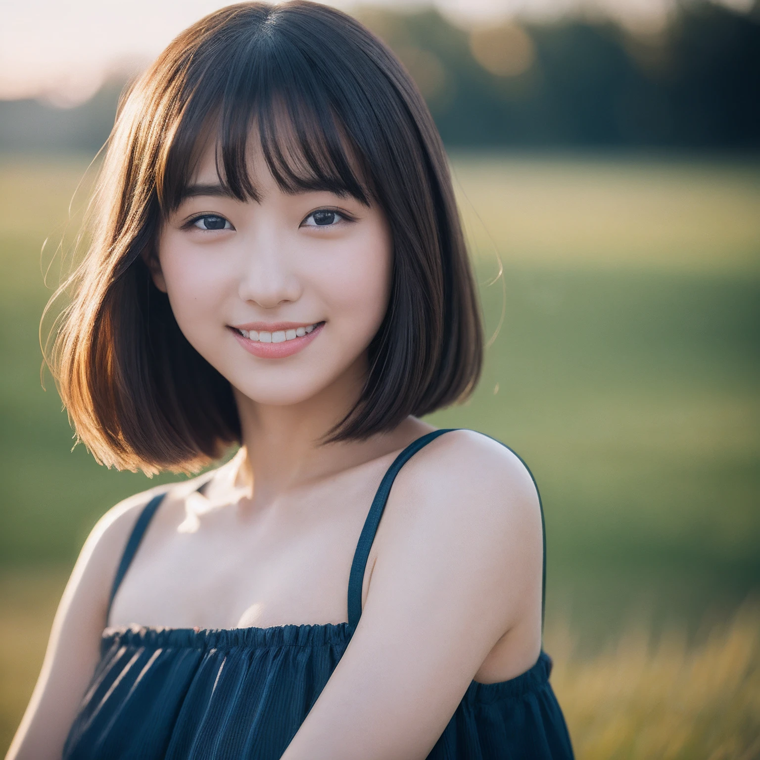 (Best quality, 8k, 32k, Masterpiece, UHD, insanely detailed:1.2), BREAK
Pretty Japanese idol, (beautiful face:1.0), (thin face:1.1), bob cut, crossed bangs, hair blowing in the wind, 16 years old, large breasts, looking at viewer
BREAK
off shoulder dress, (smile face:1.2)
BREAK
autumn sunshine, wide blue sky, horizon, meadow, White cloud
BREAK
lens flare, depth of field, natural lighting, leaning forward