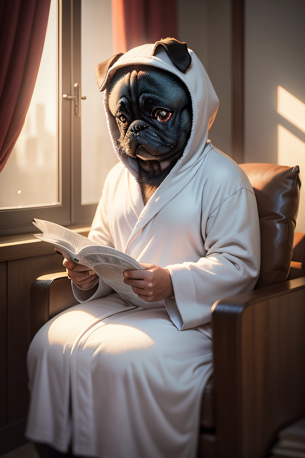 anthropomorphic pug dog, in a bathrobe, having breakfast and reading the newspaper, cartoon, cinemactic, hdr, cru, intrincado, alta qualidade, tons suaves, detalhes intrincados, baixo contraste