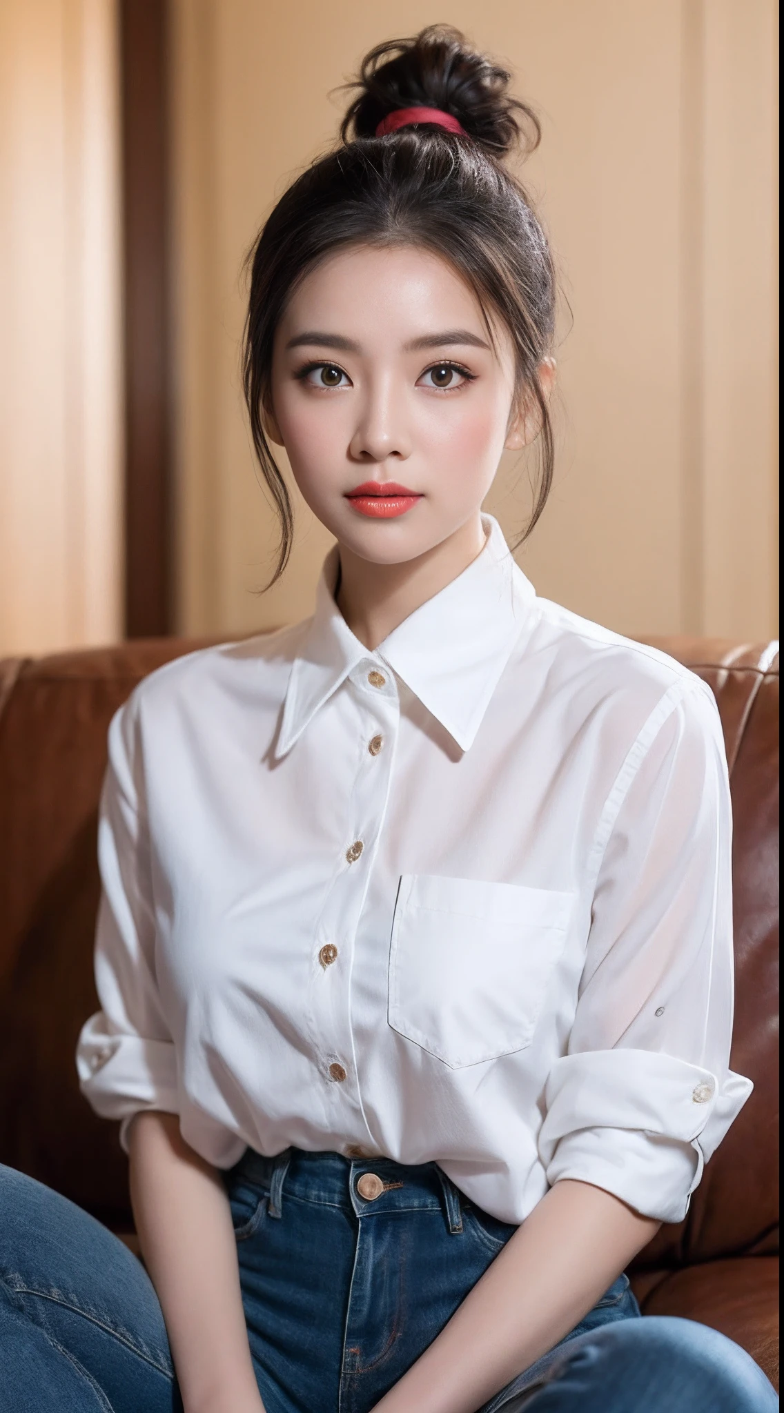 (RAW photogr:1.2),The highest quality, 超高分辨率, Female anchor，sitting in the couch，Wearing a white shirt，Team it with a pair of blue jeans。Makeup looks fresh and natural，Mainly light makeup，Emphasize the female anchor's eyes and lips。The face shape is melon seed-shaped，The eyes are bright and alert，The eyebrows are slender and curved，Ruby and plump lips。hair tied up in a pony tail，It shows a vibrant image。，indoor background