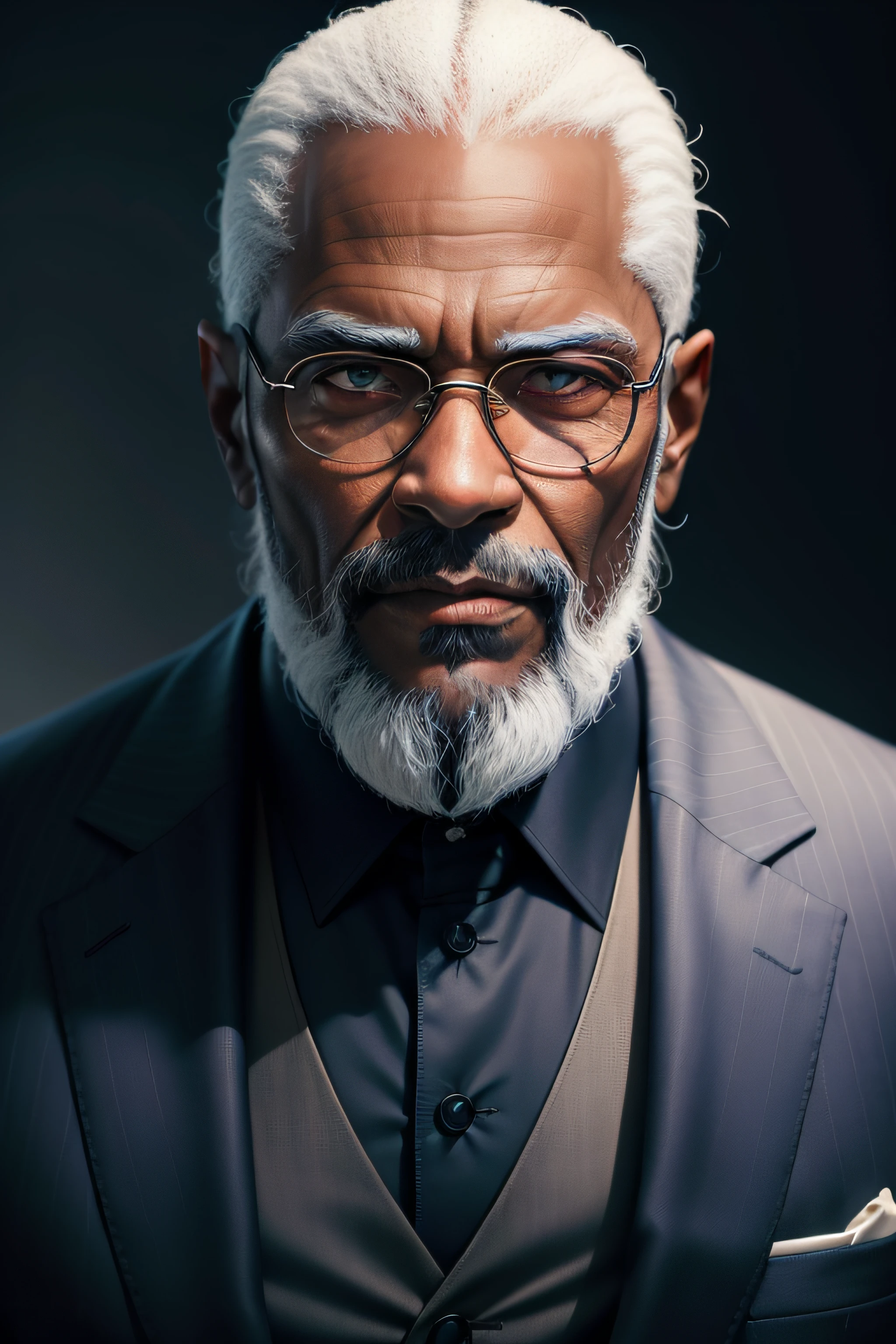 A portrait of a 67 years black man, bearded, with piercing eyes, detailed face, navy blue suit, high details, photography, dark studio, rim light, Nikon D850, 50mm, f/1.4