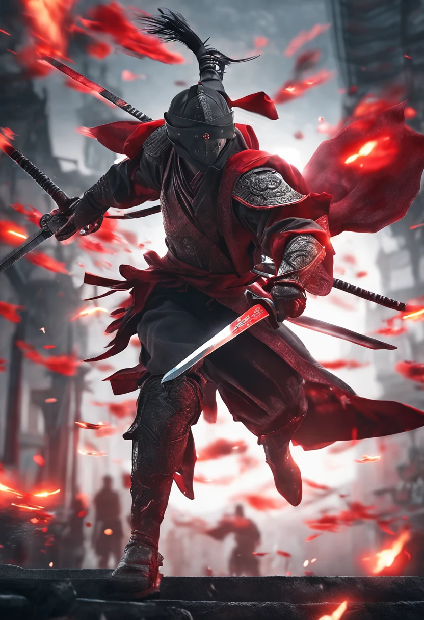 Swordsman in sword drawing pose Chinese style Mechanical flight on the front Red glowing eyes Explosive scene behind the sword light 4K, high resolution, blender render, illusory engine