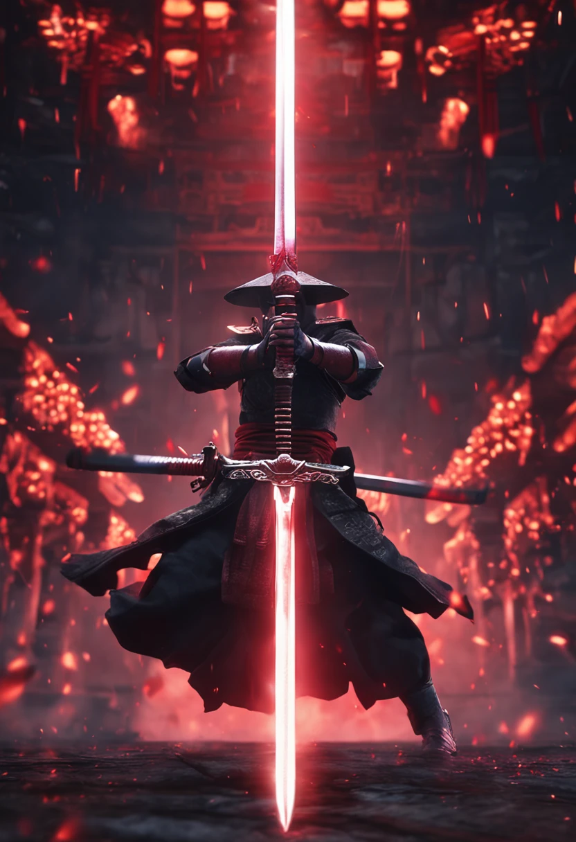 Swordsman in sword drawing pose Chinese style Mechanical flight on the front Red glowing eyes Explosive scene behind the sword light 4K, high resolution, blender render, illusory engine