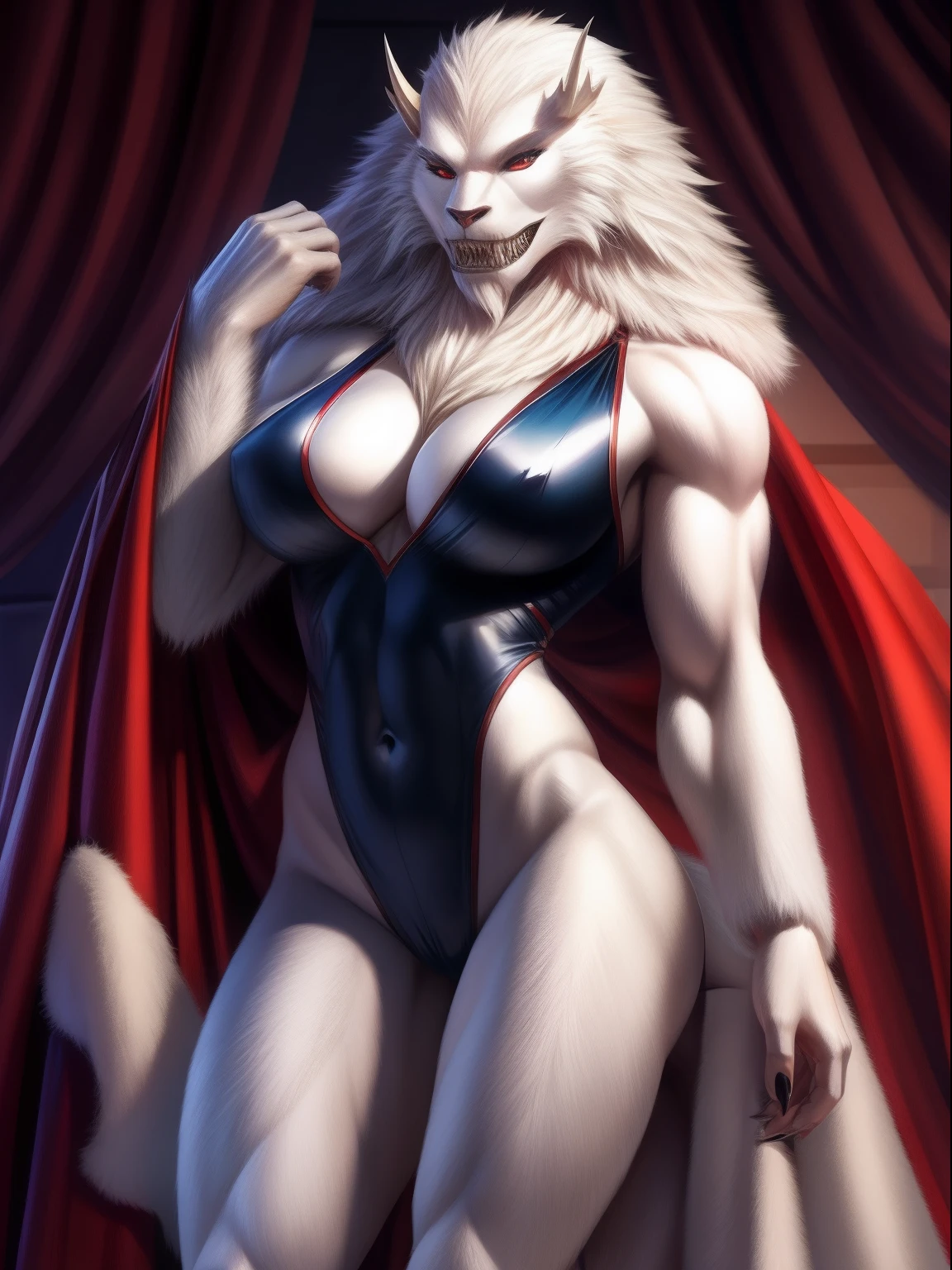 "realistic representation of a woman transformed into a stunning yeti, wearing a sleek and alluring high cut black bodysuit. She has a large bust, muscular and fit physique with an hourglass body shape, both buff and sexy. Her menacing yet captivating features include sharp claws, long arms, and a set of sharp teeth. Covered in a beautiful white fur, she is a monstrous yet alluring creature, who is also known as a loving wife and is seen in the comfort of her own home."