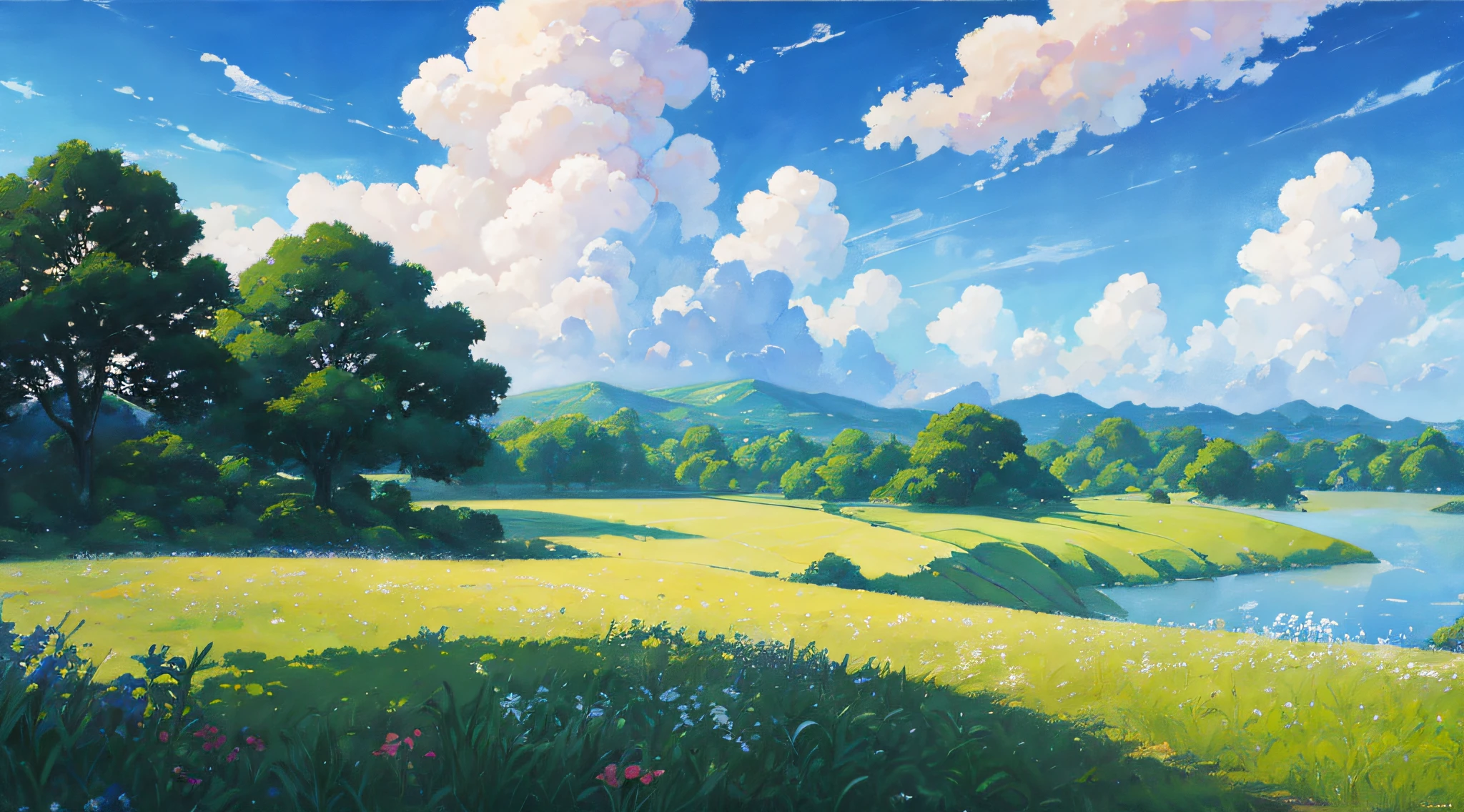 Realistic, authentic, beautiful and amazing landscape oil painting Studio Ghibli Hayao Miyazaki's petal grassland with blue sky and white clouds --v6