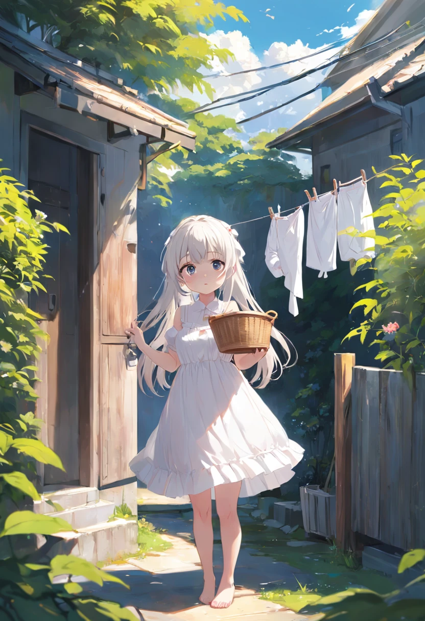 Anime girl in white dress standing in garden, Hang the laundry to dry,Holding a laundry basket,loli in dress, small curvy loli, artwork in the style of guweiz, guweiz on pixiv artstation, guweiz on artstation pixiv, guweiz, small loli girl, soft anime illustration, Anime visuals of cute girls, Detailed Digital Anime Art